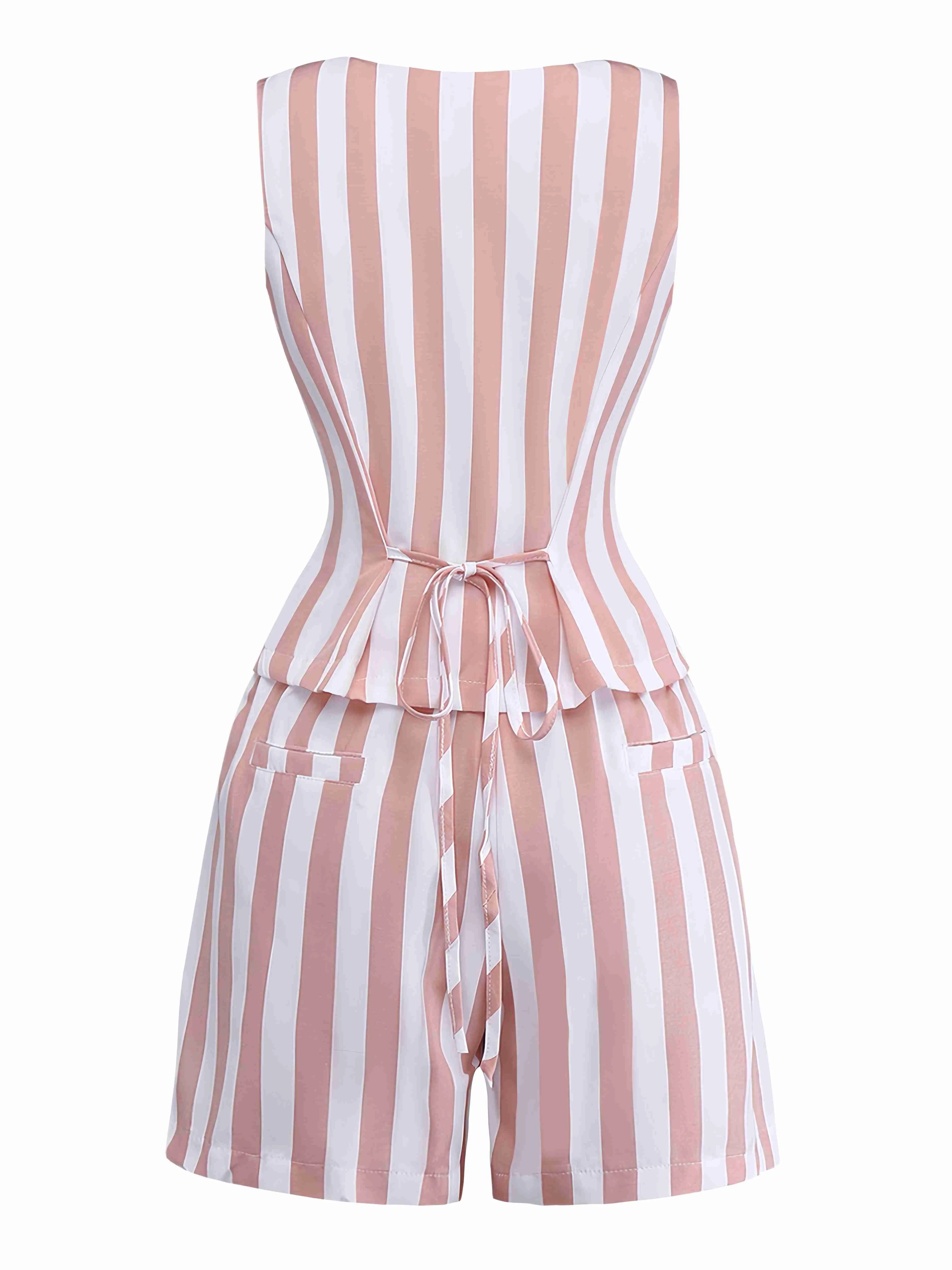 2pcs Khaki 1960s Striped Square Neck Sleeveless Vest & Shorts - Image 3