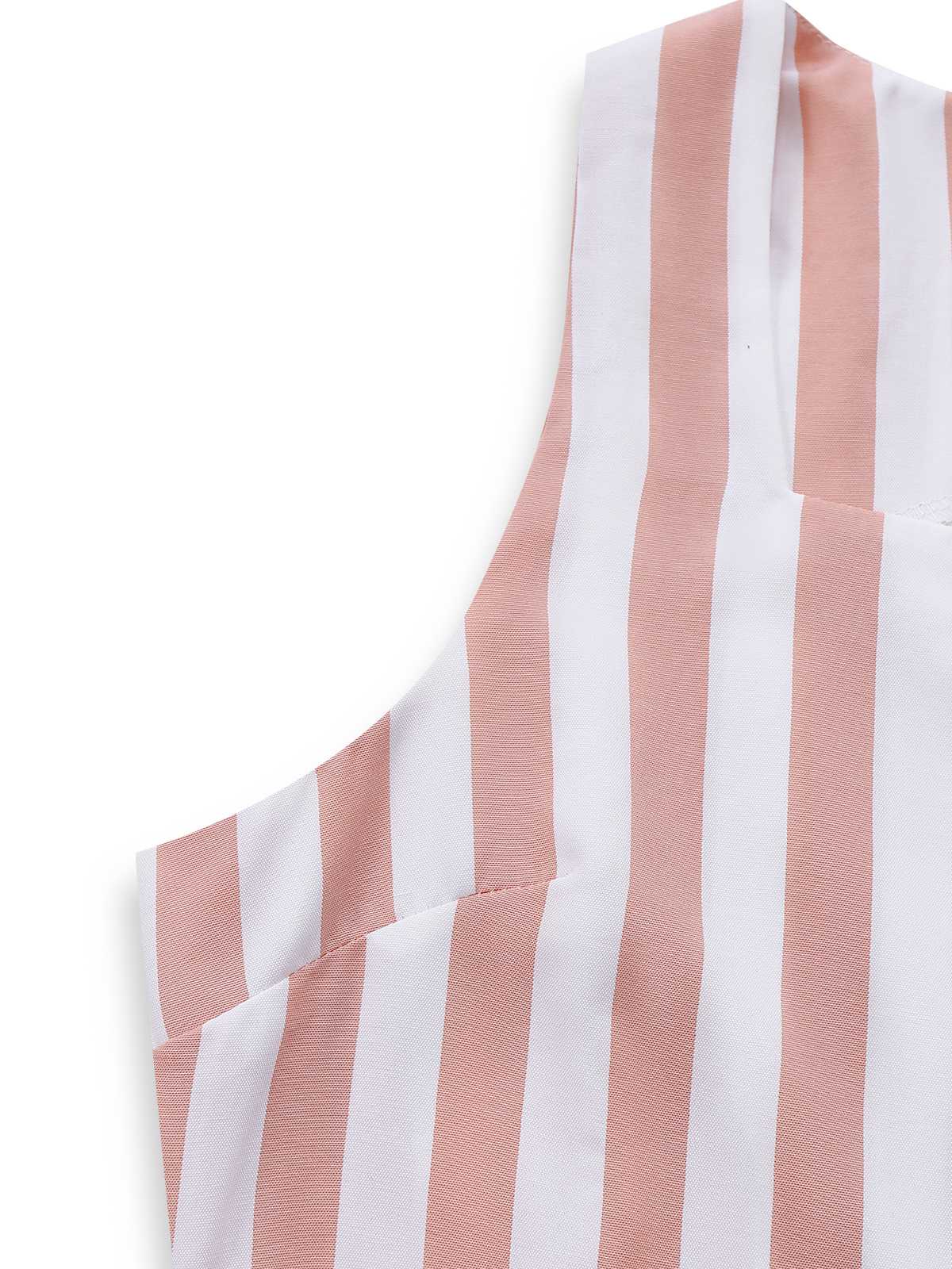 2pcs Khaki 1960s Striped Square Neck Sleeveless Vest & Shorts - Image 5