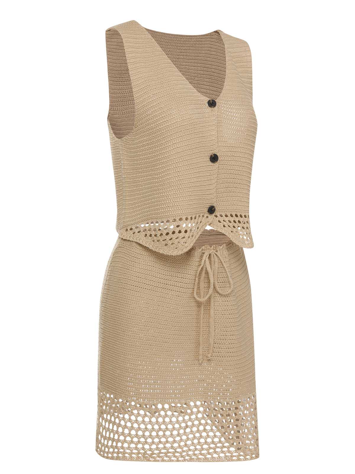 2PCS Khaki 1960s V-Neck Solid Vest & Skirt - Image 2