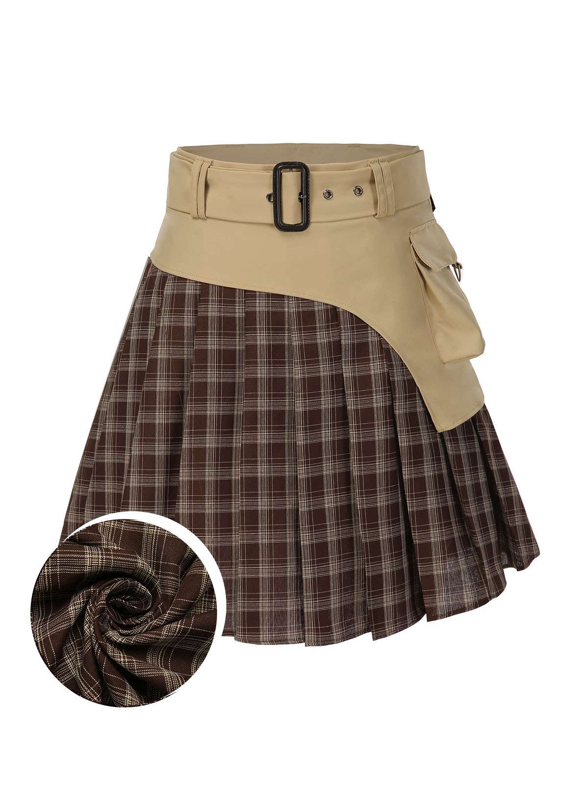 Brown 1960s Plaid Patchwork Belted Pleated Skirt - Image 2