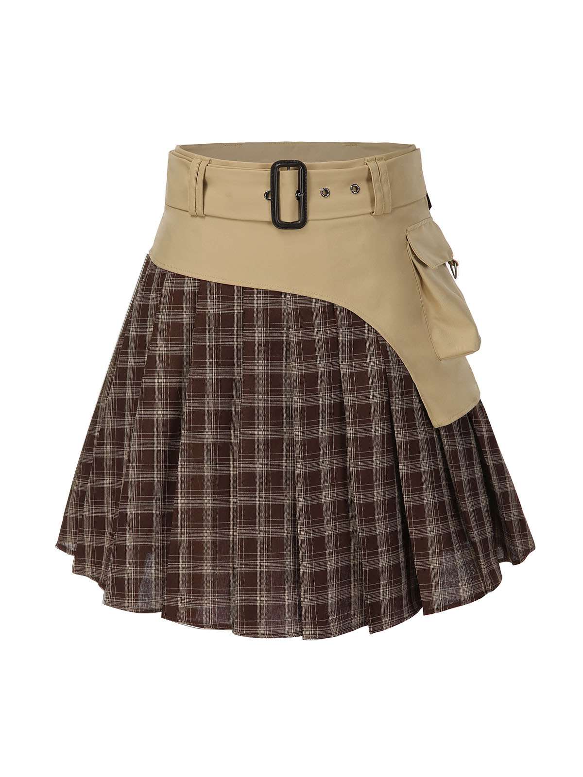 Brown 1960s Plaid Patchwork Belted Pleated Skirt - Image 3