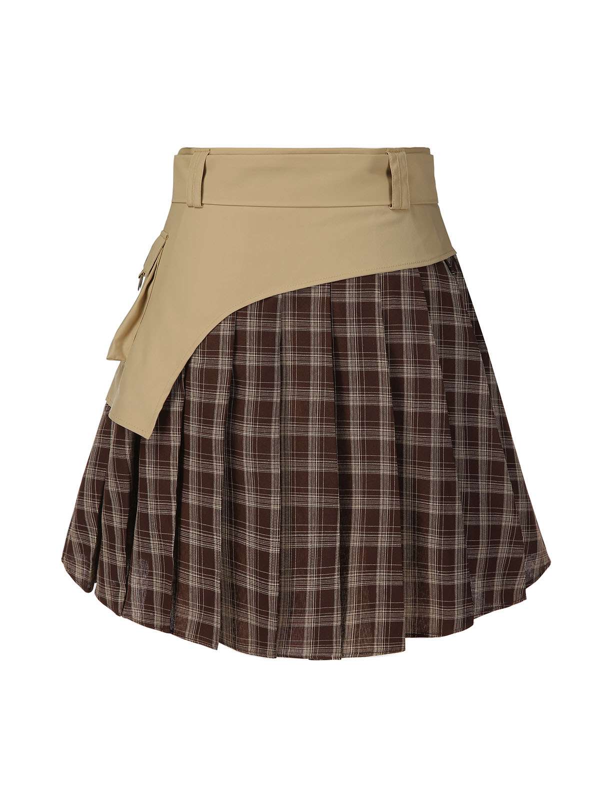Brown 1960s Plaid Patchwork Belted Pleated Skirt - Image 4