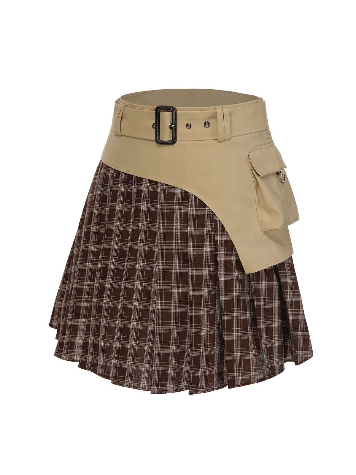 Brown 1960s Plaid Patchwork Belted Pleated Skirt - Image 5