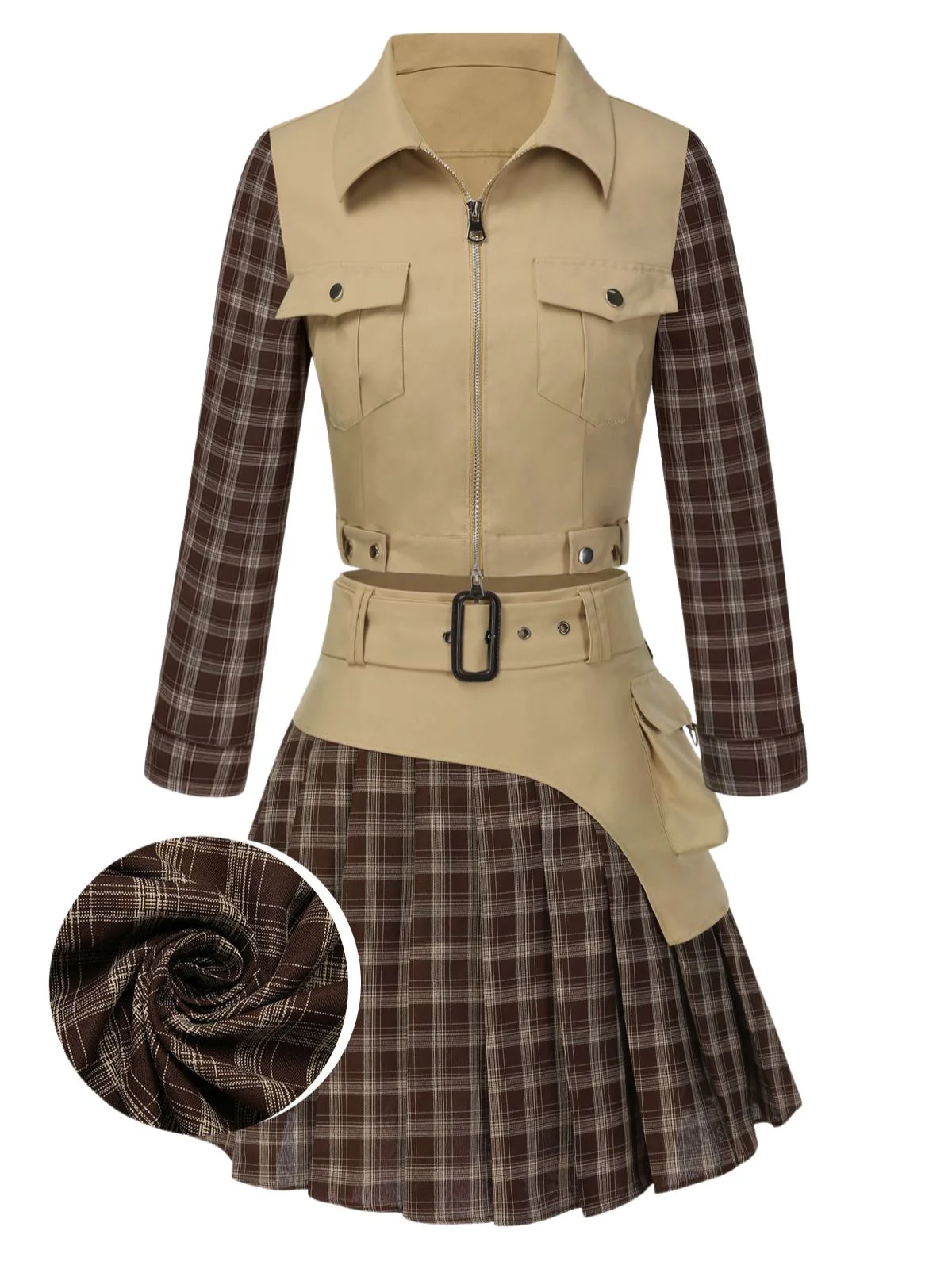 2PCS Khaki & Brown 1960s Plaid Patchwork Jacket & Pleated Skirt - Image 2