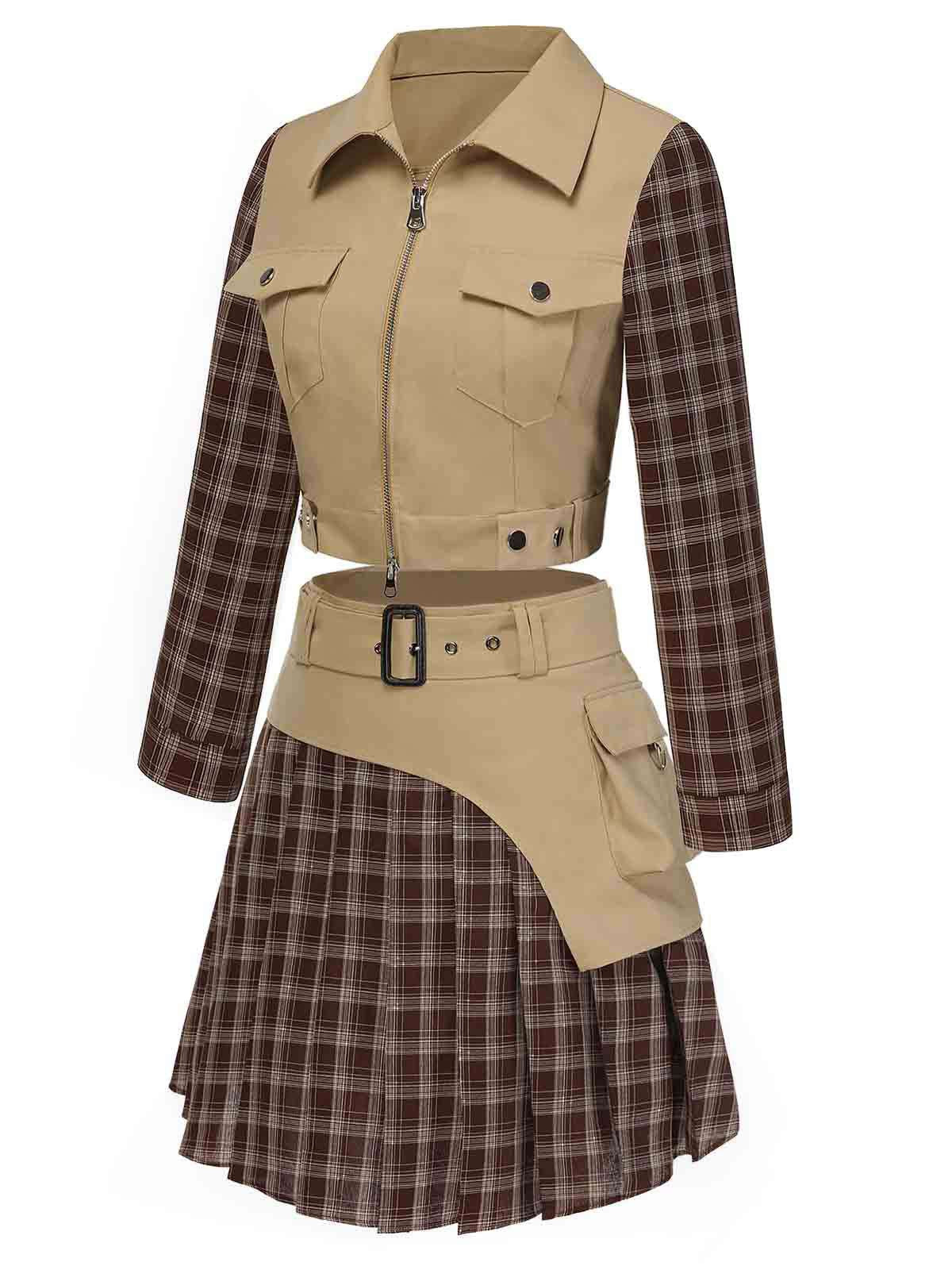 2PCS Khaki & Brown 1960s Plaid Patchwork Jacket & Pleated Skirt - Image 3