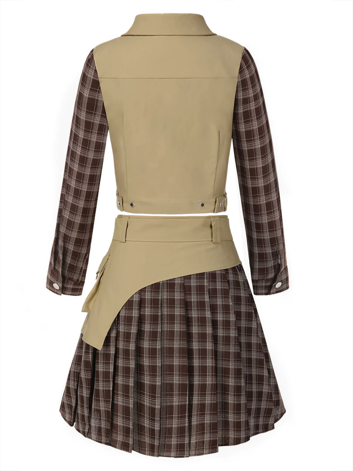 2PCS Khaki & Brown 1960s Plaid Patchwork Jacket & Pleated Skirt - Image 4