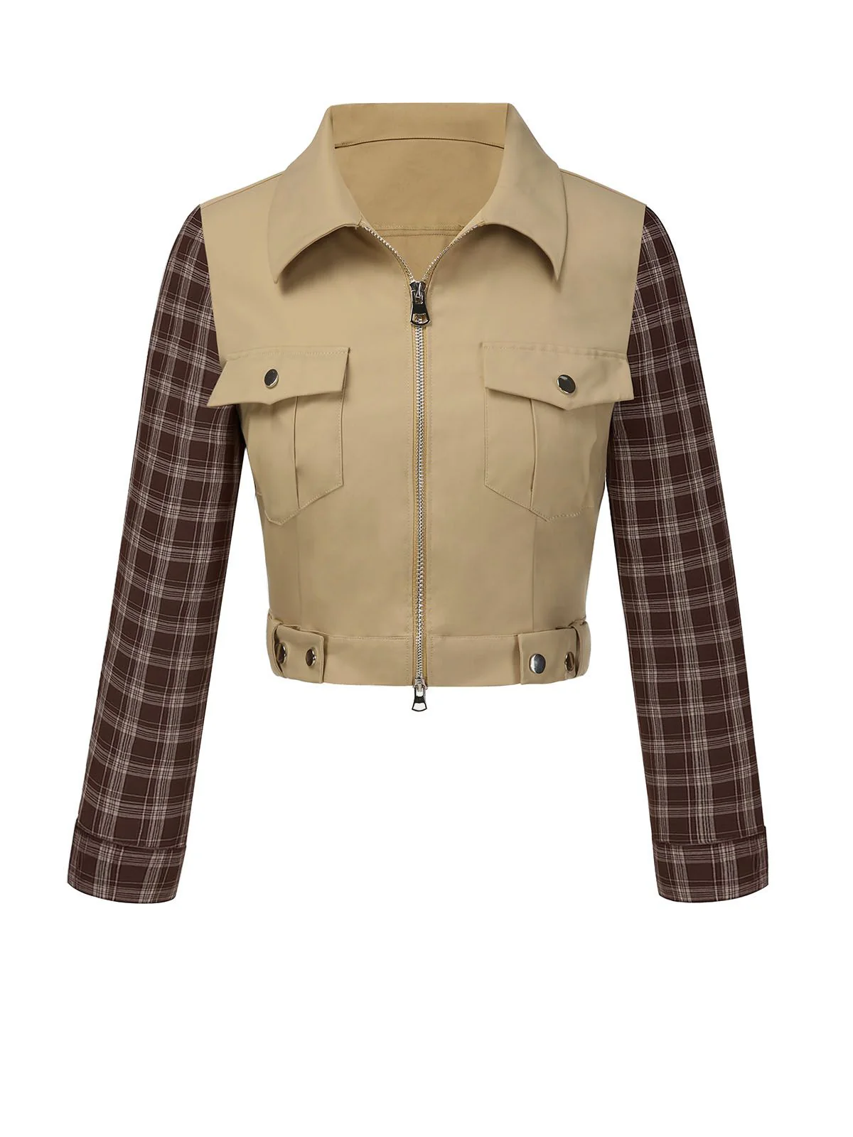 2PCS Khaki & Brown 1960s Plaid Patchwork Jacket & Pleated Skirt - Image 5