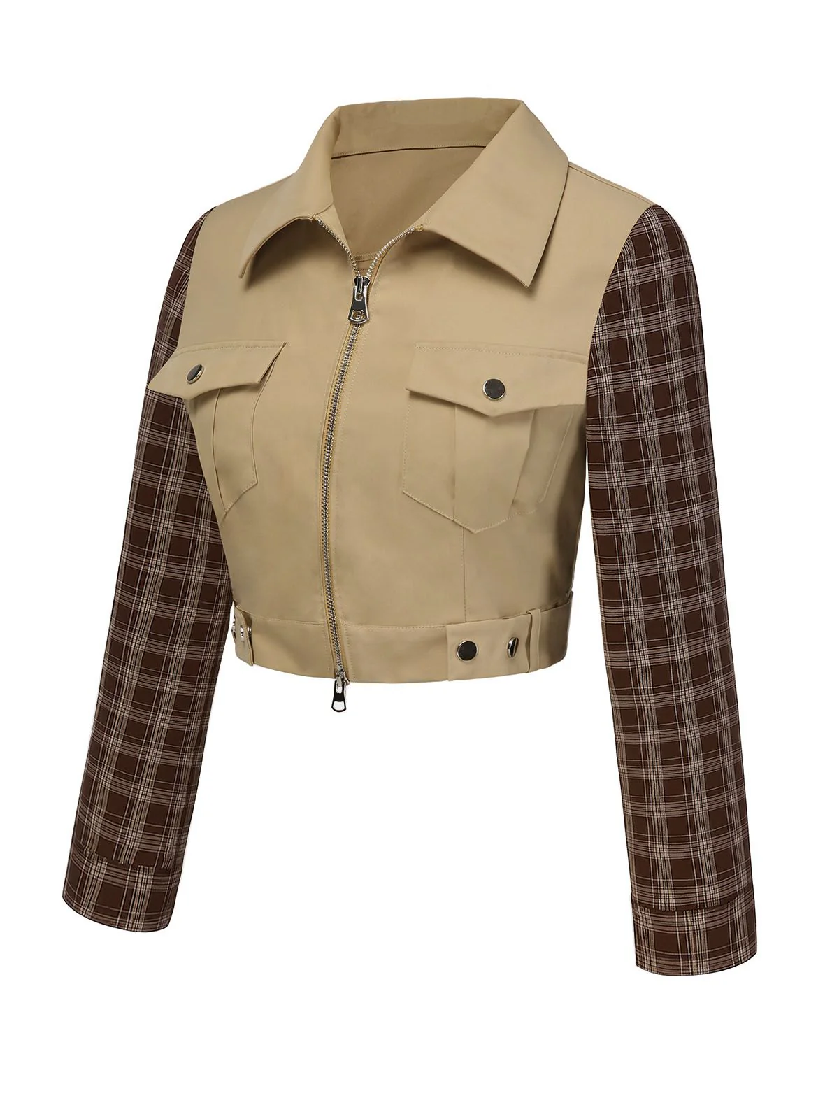 2PCS Khaki & Brown 1960s Plaid Patchwork Jacket & Pleated Skirt - Image 7
