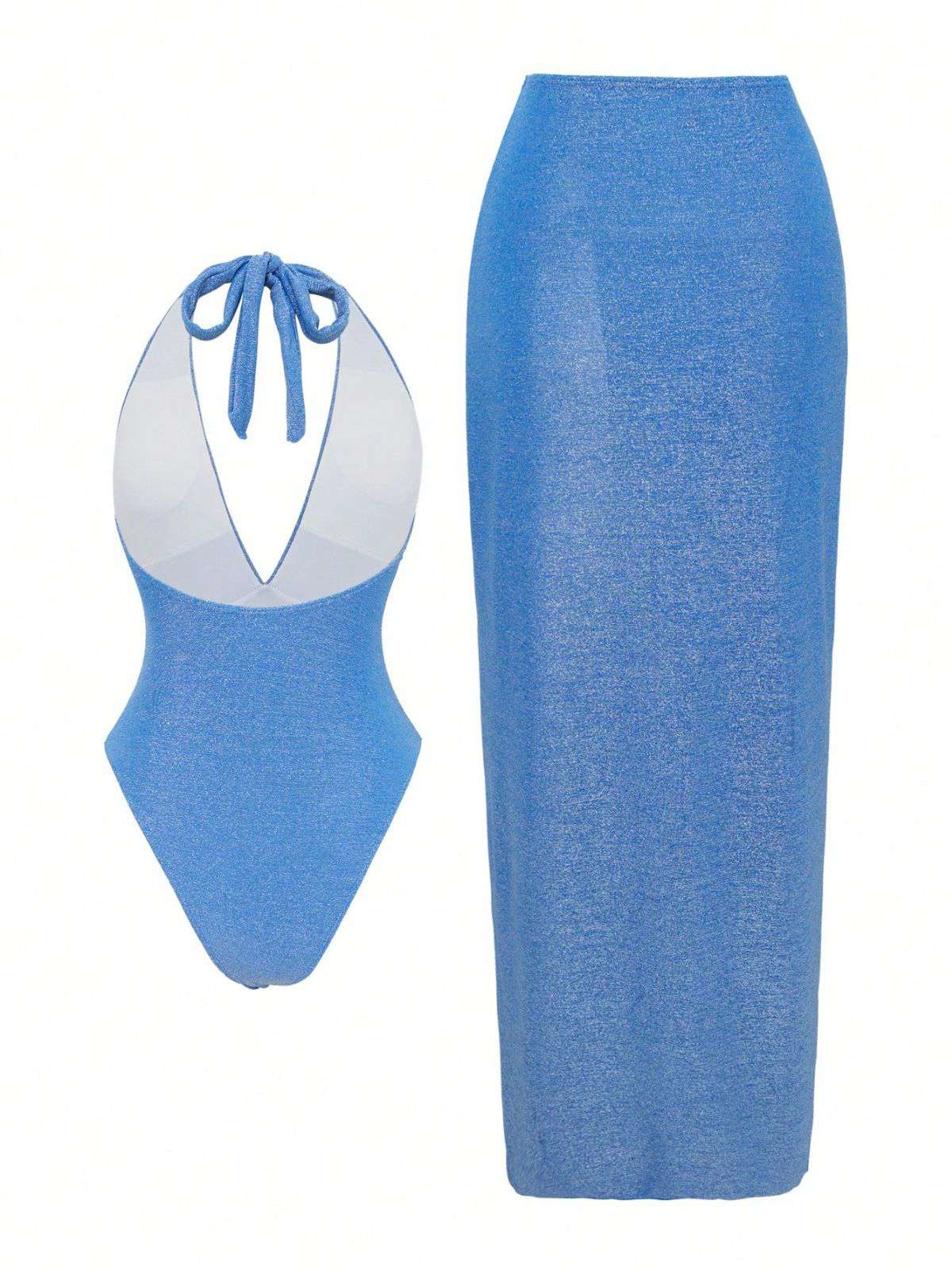 2PCS Lake Blue 1950s Star Lace-Up Halter Swimsuit & Cover-Up - Image 2