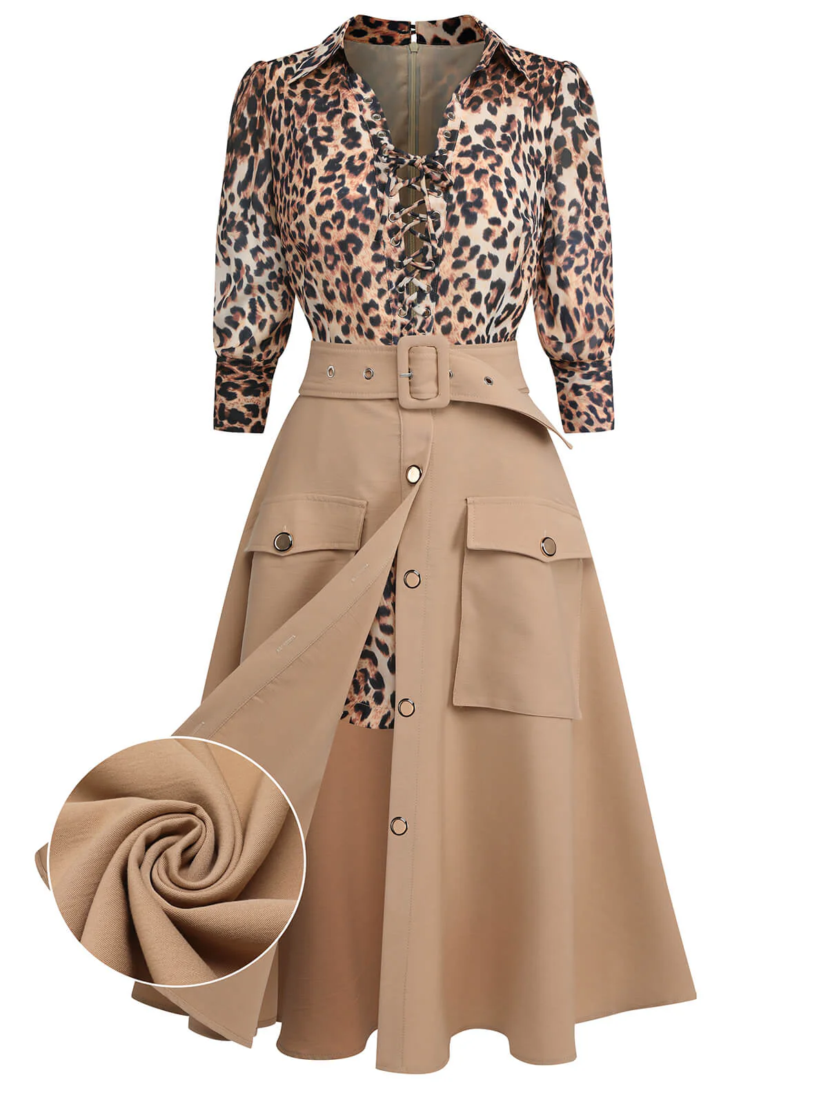 2PCS Leopard Lapel Romper & Khaki Skirt - Image 4