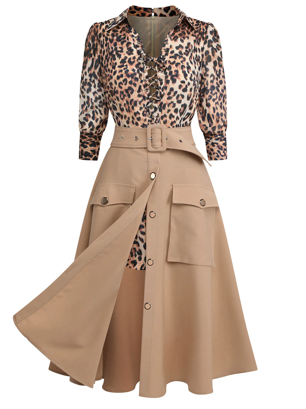 2PCS Leopard Lapel Romper & Khaki Skirt - Image 6