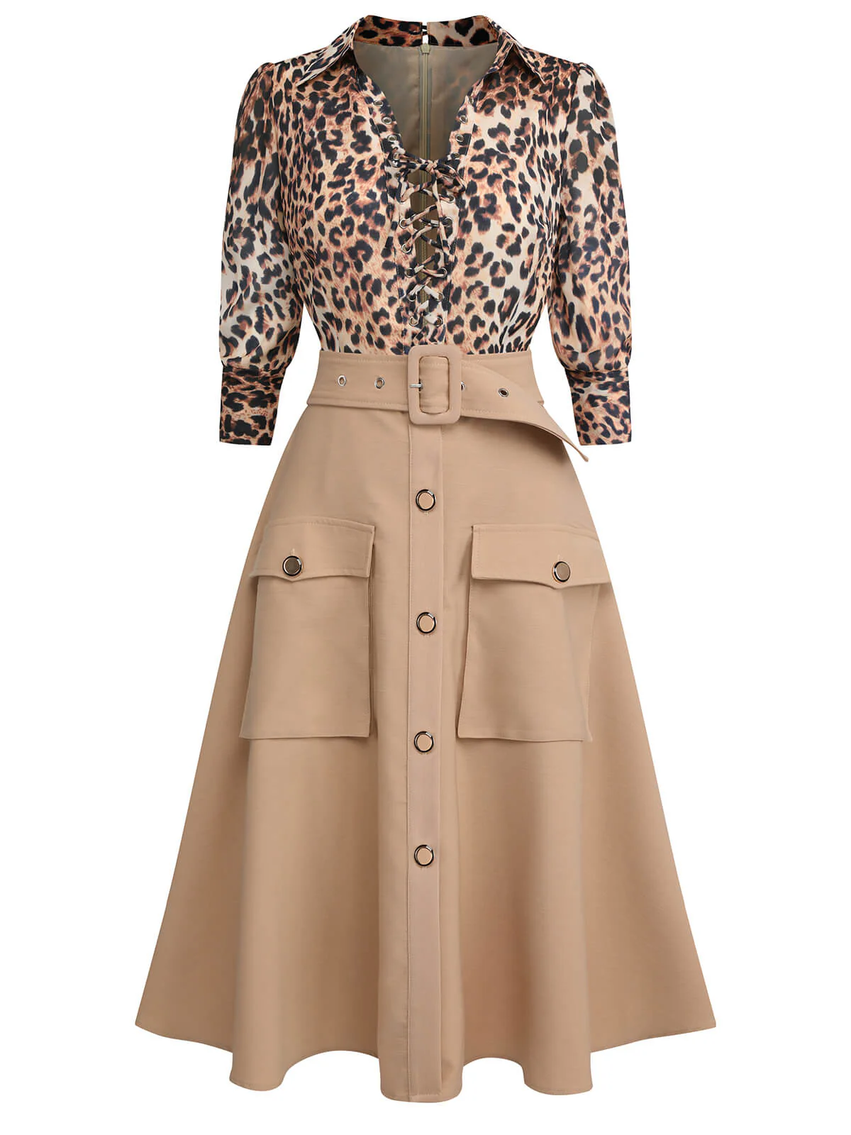 2PCS Leopard Lapel Romper & Khaki Skirt - Image 7