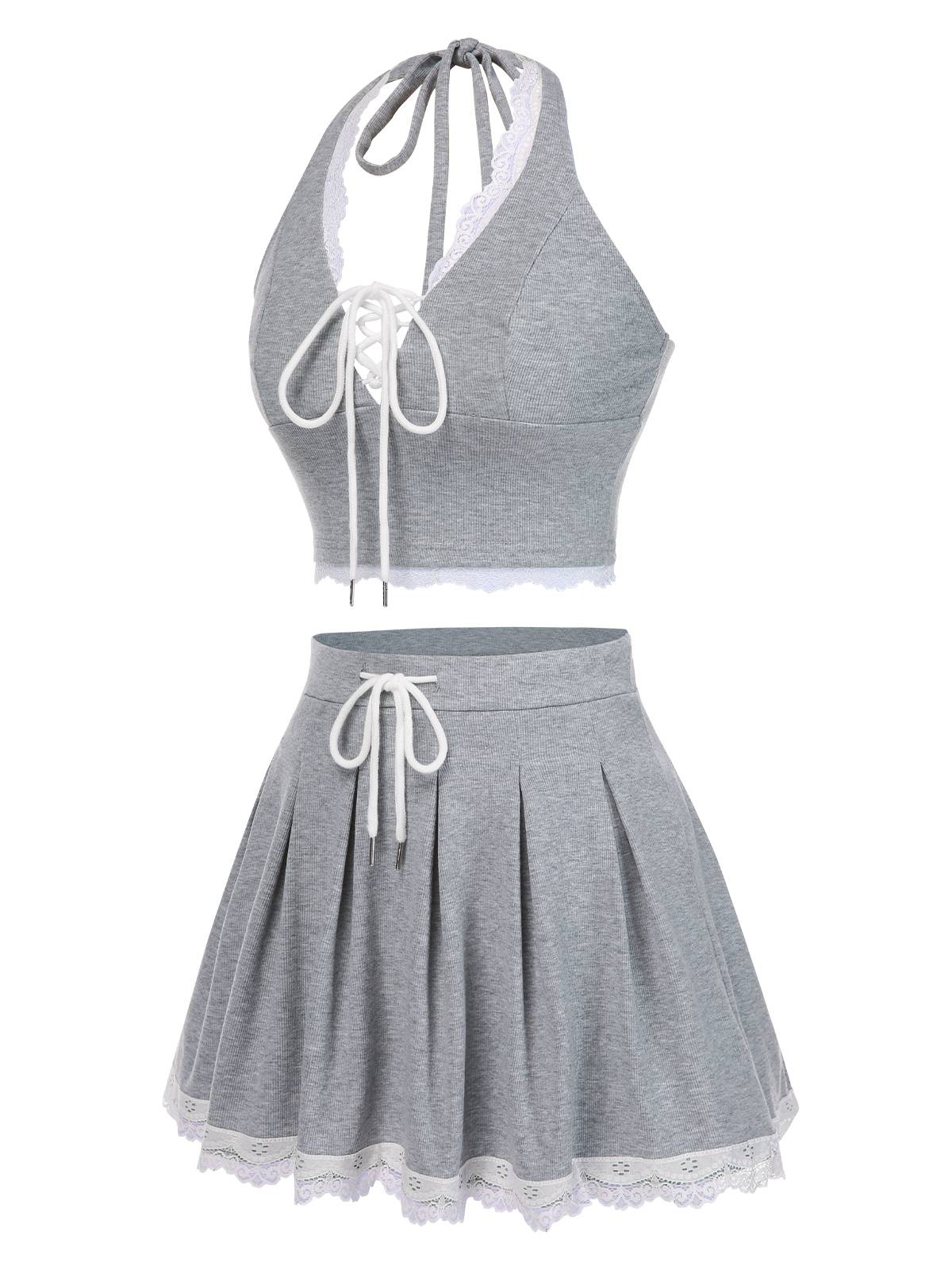 2PCS Light Gray 1950s Lace Halter Top & Pleated Skirt - Image 2