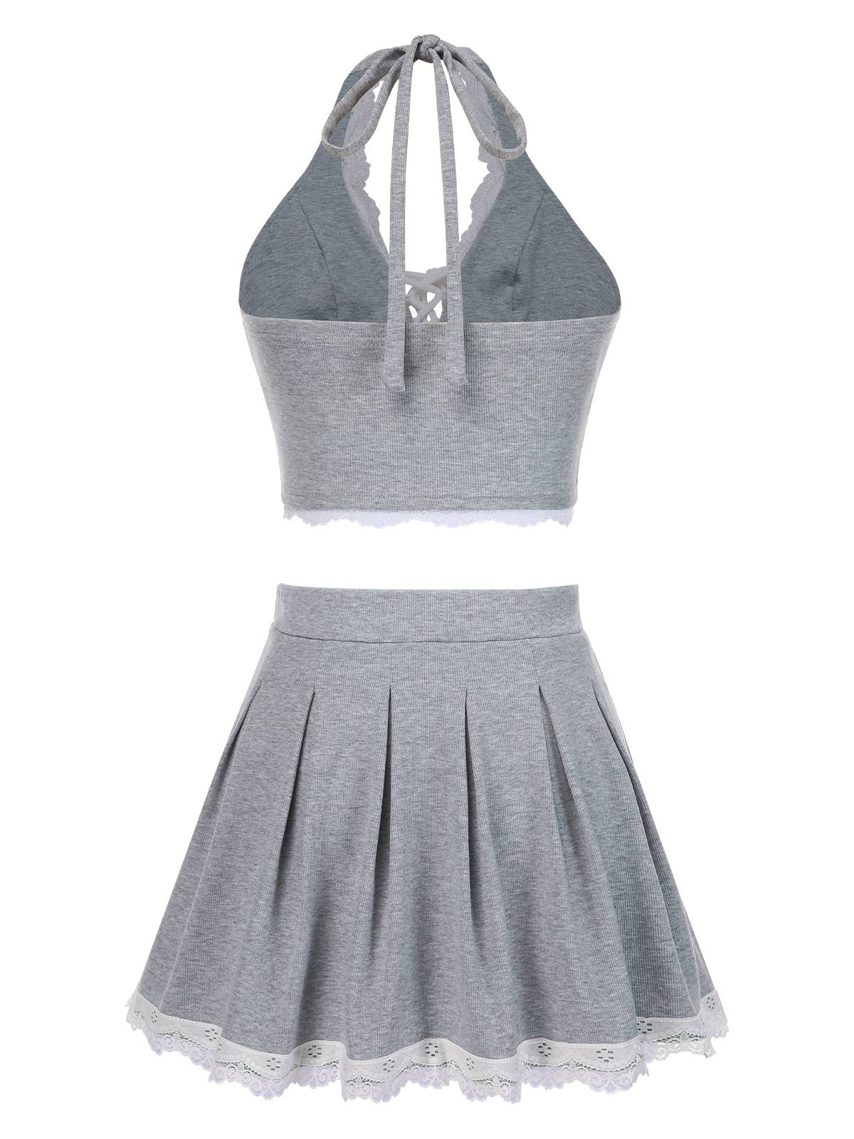 2PCS Light Gray 1950s Lace Halter Top & Pleated Skirt - Image 3