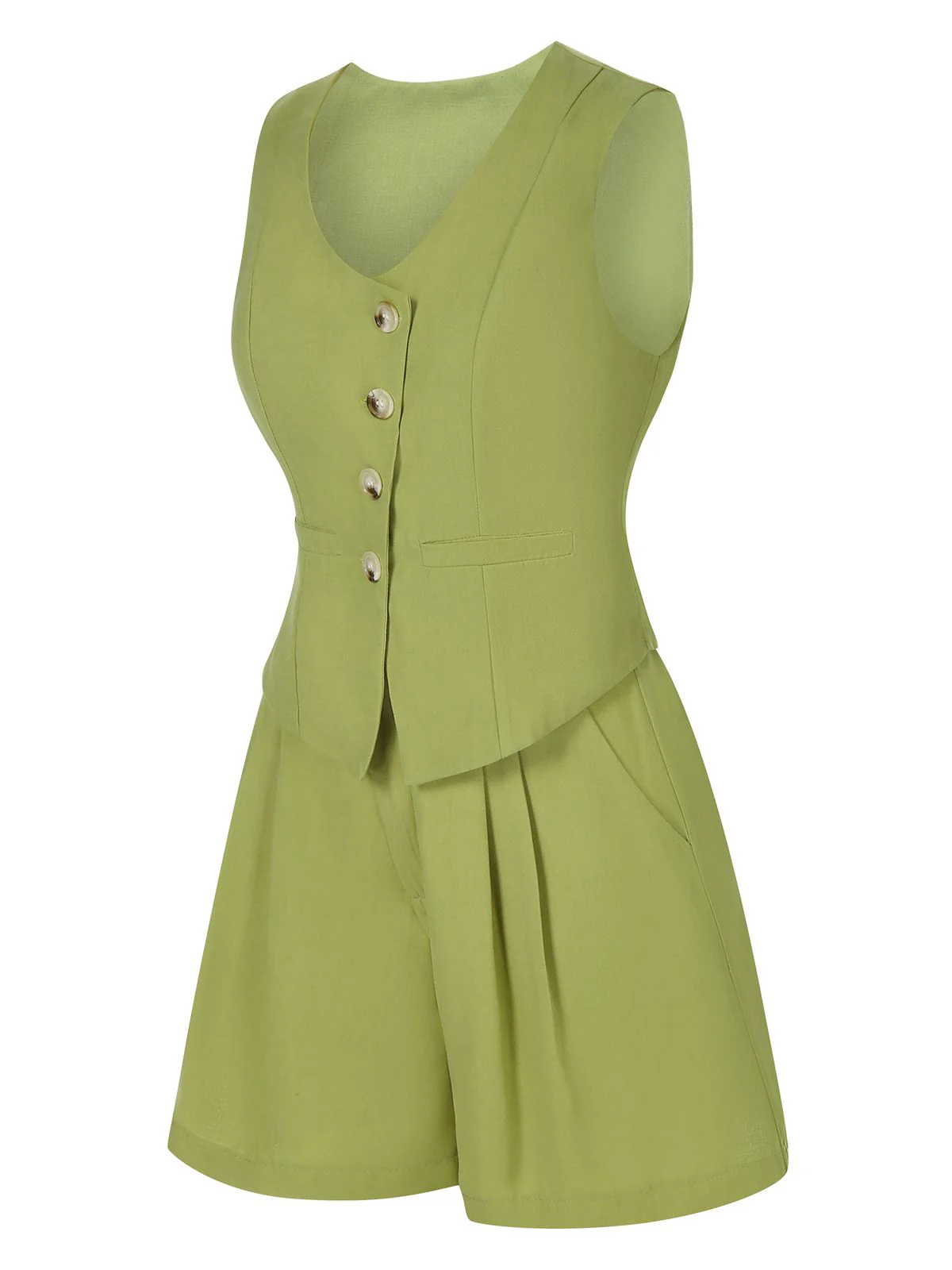 2PCS Light Green 1950s Solid Top & Shorts - Image 2