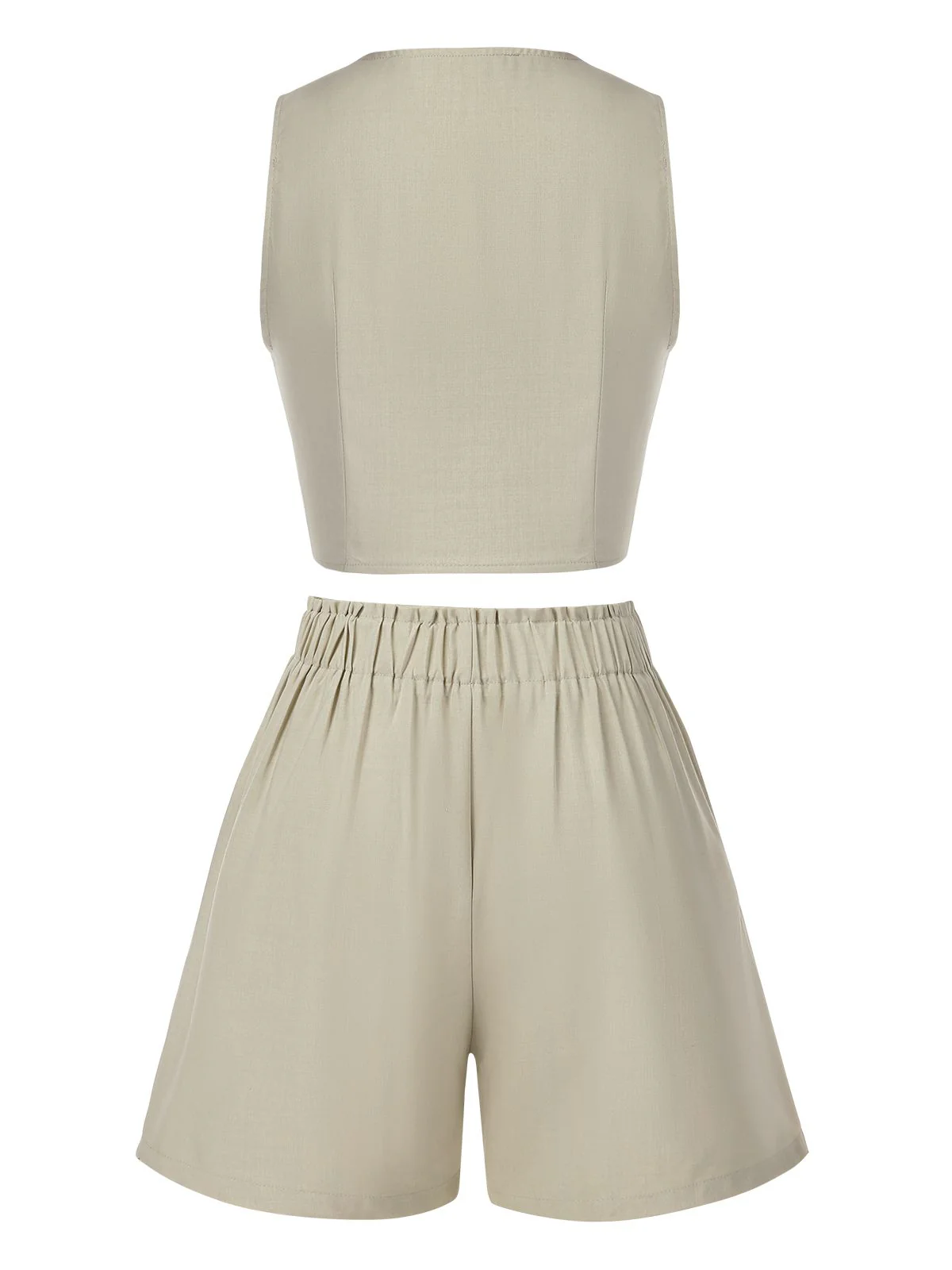2PCS Light Khaki 1950s Solid V-Neck Vest & Shorts - Image 2