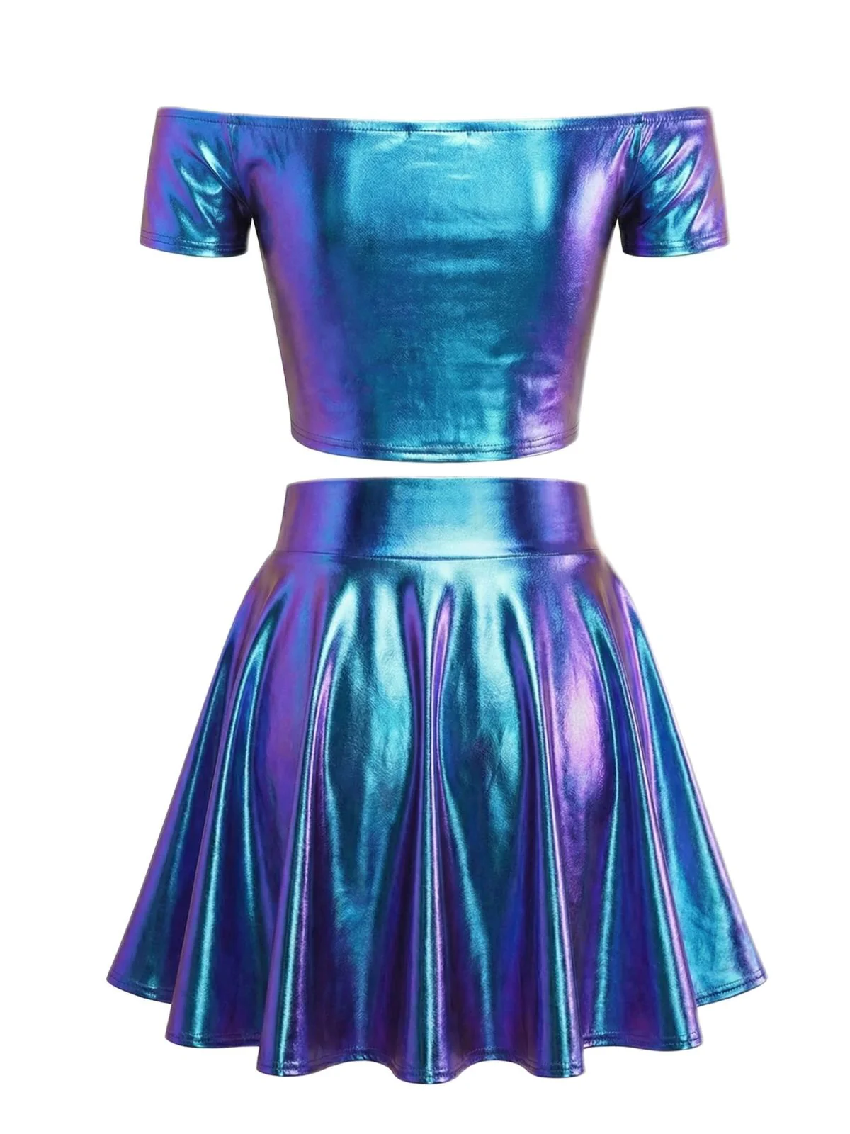 2PCS Metallic 1970 Disco Off-Shoulder Top & Pleated Skirt - Image 2