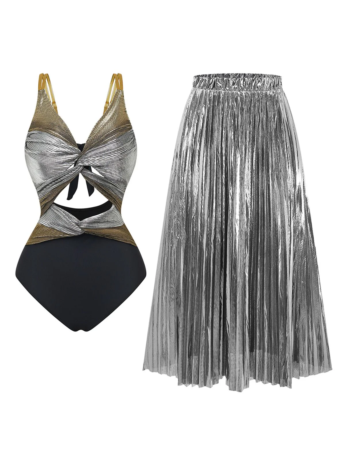 2PCS Metallic 1980s Pleated Cut-Out Swimsuit & Cover-Up - Image 2