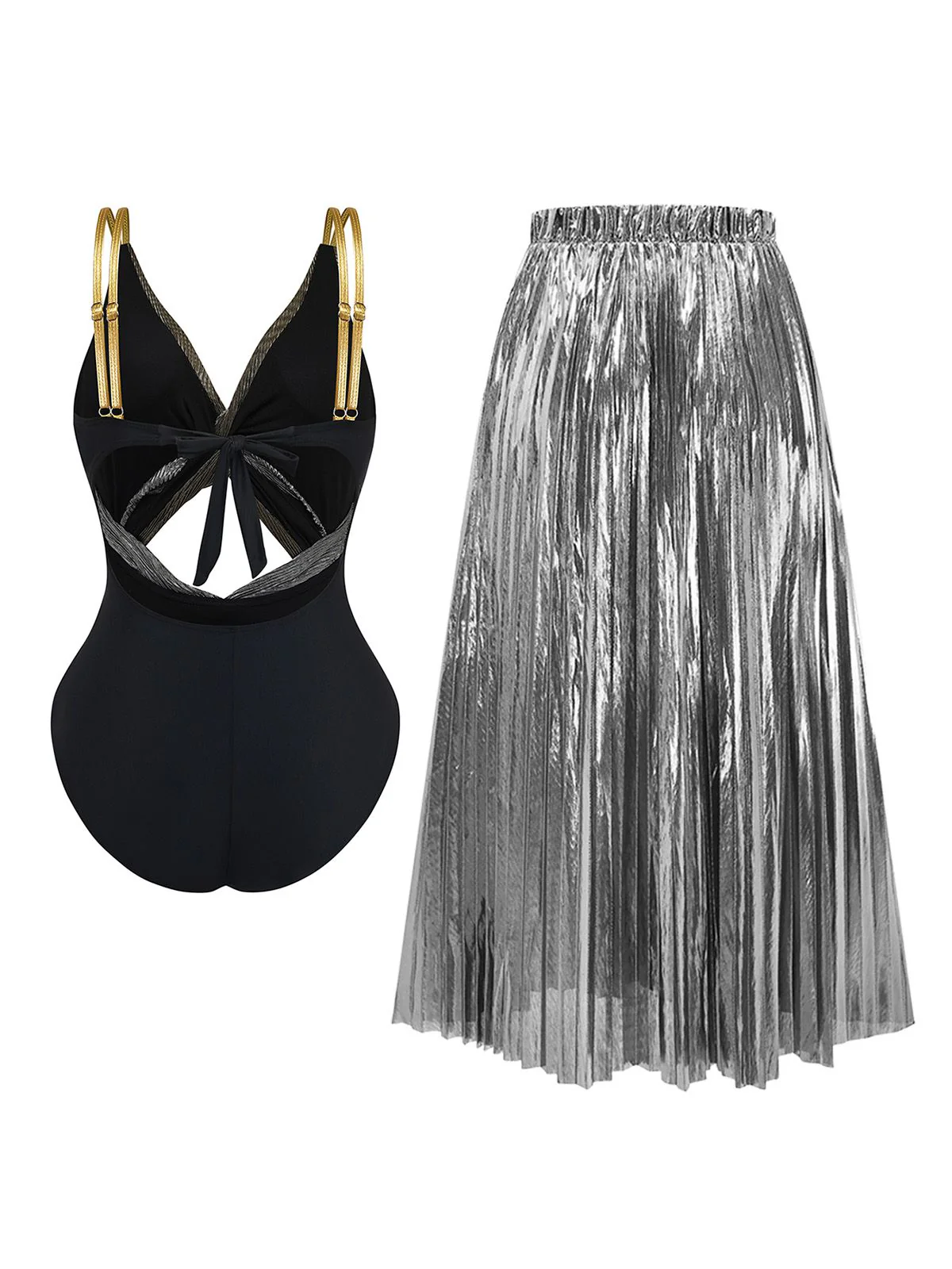 2PCS Metallic 1980s Pleated Cut-Out Swimsuit & Cover-Up - Image 3