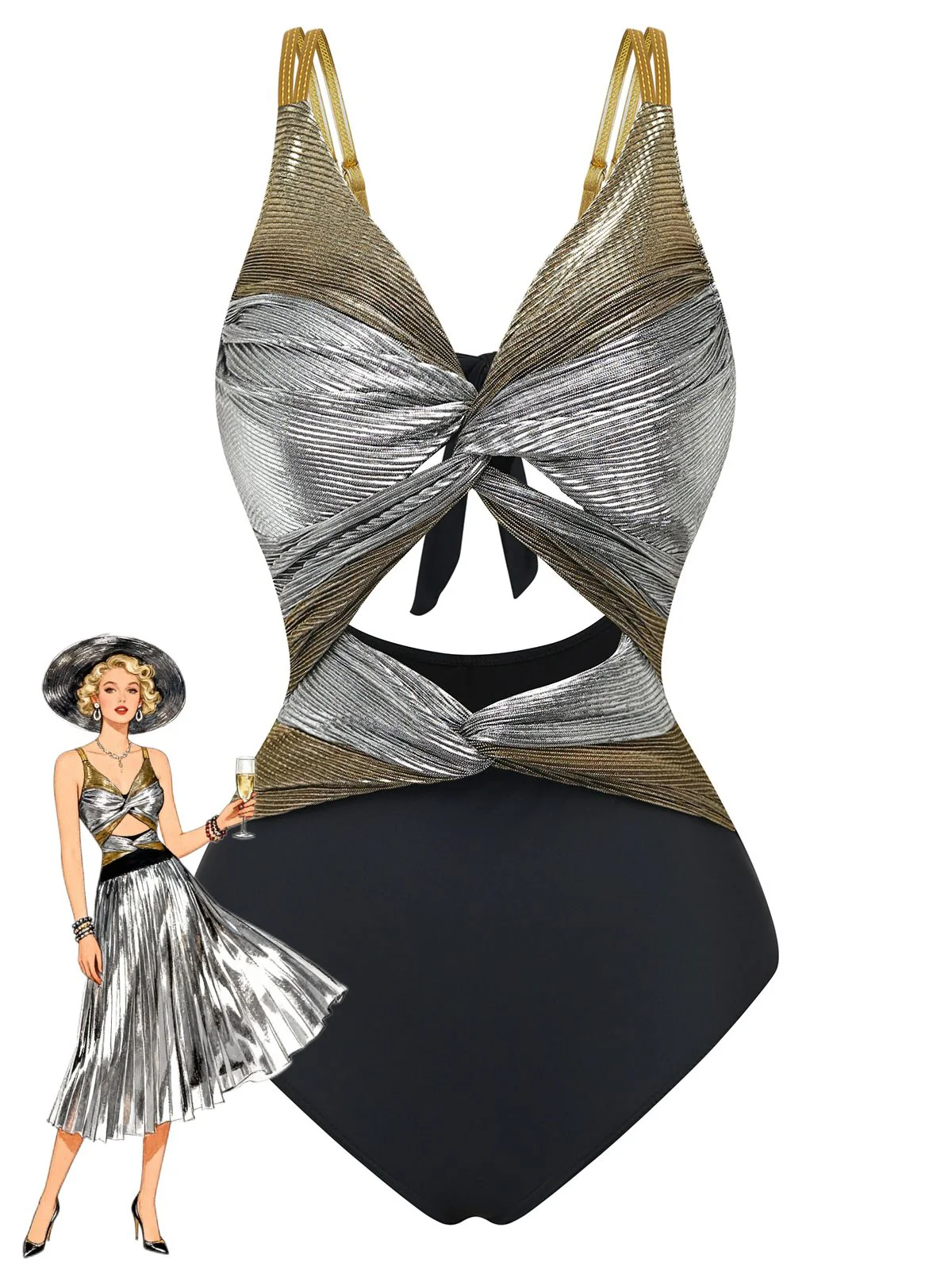 2PCS Metallic 1980s Pleated Cut-Out Swimsuit & Cover-Up - Image 4