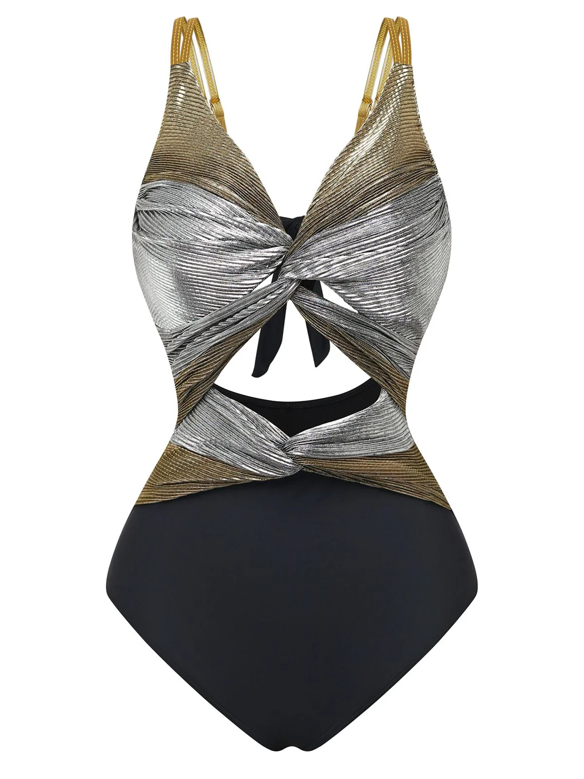 2PCS Metallic 1980s Pleated Cut-Out Swimsuit & Cover-Up - Image 5