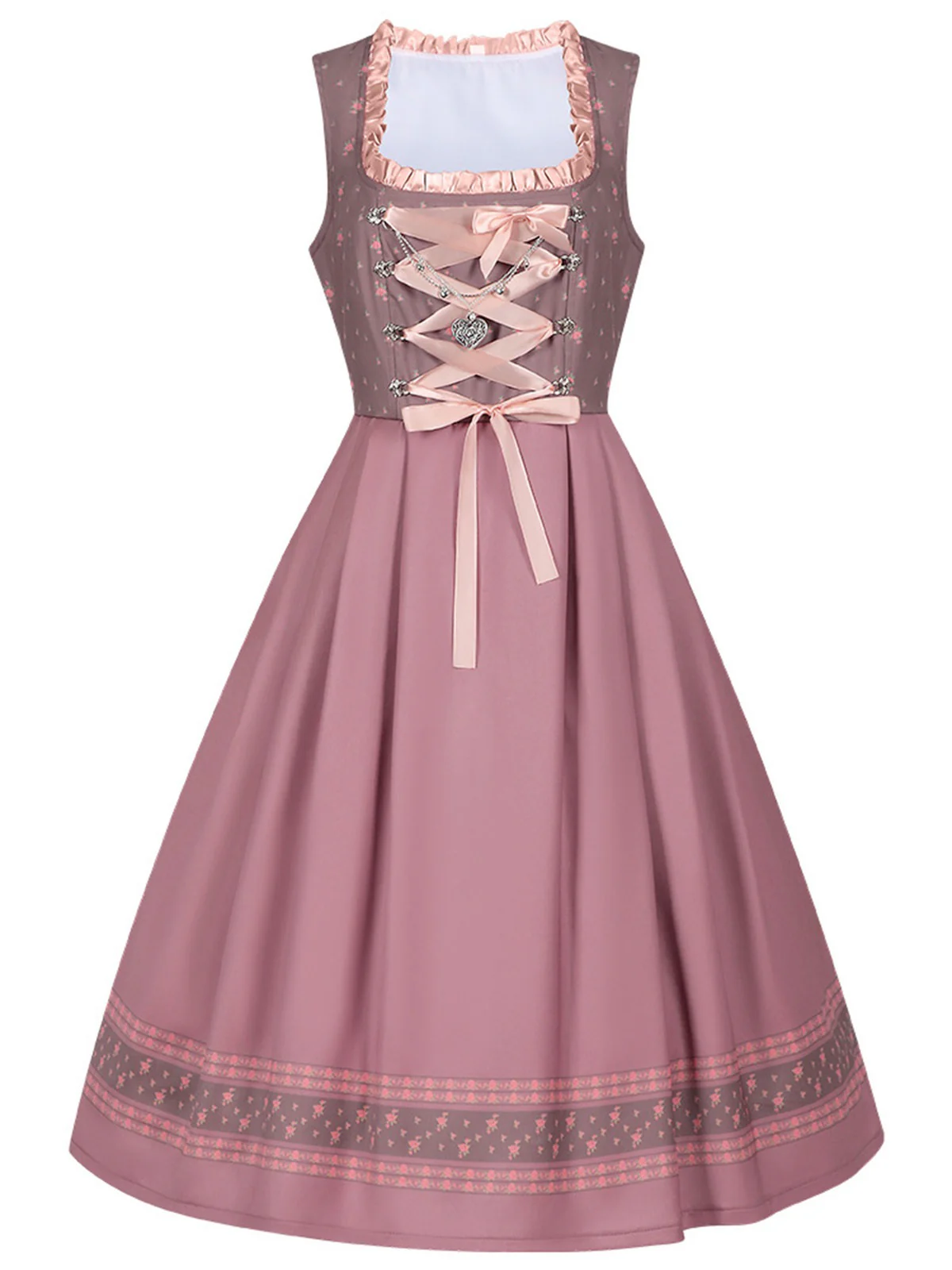 2PCS Misty Rose 1950s Ditsy Floral Satin Dress & Apron - Image 2