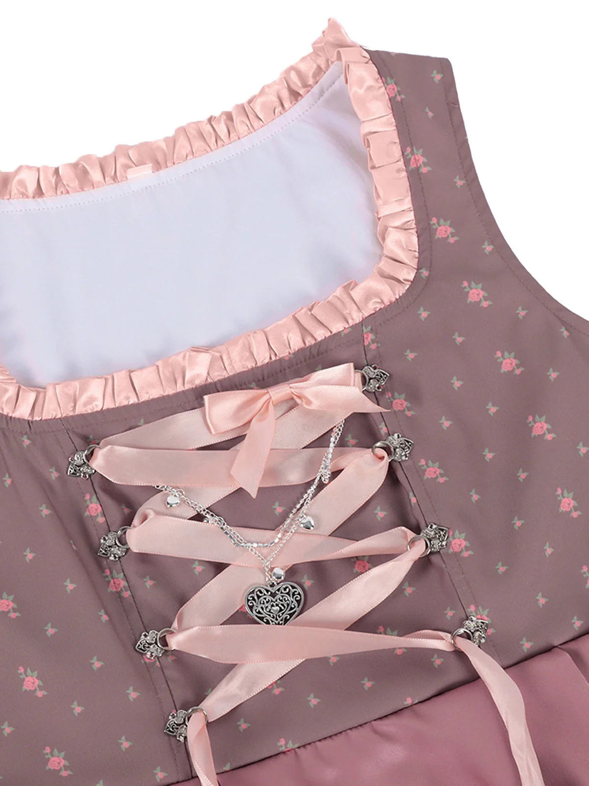 2PCS Misty Rose 1950s Ditsy Floral Satin Dress & Apron - Image 4