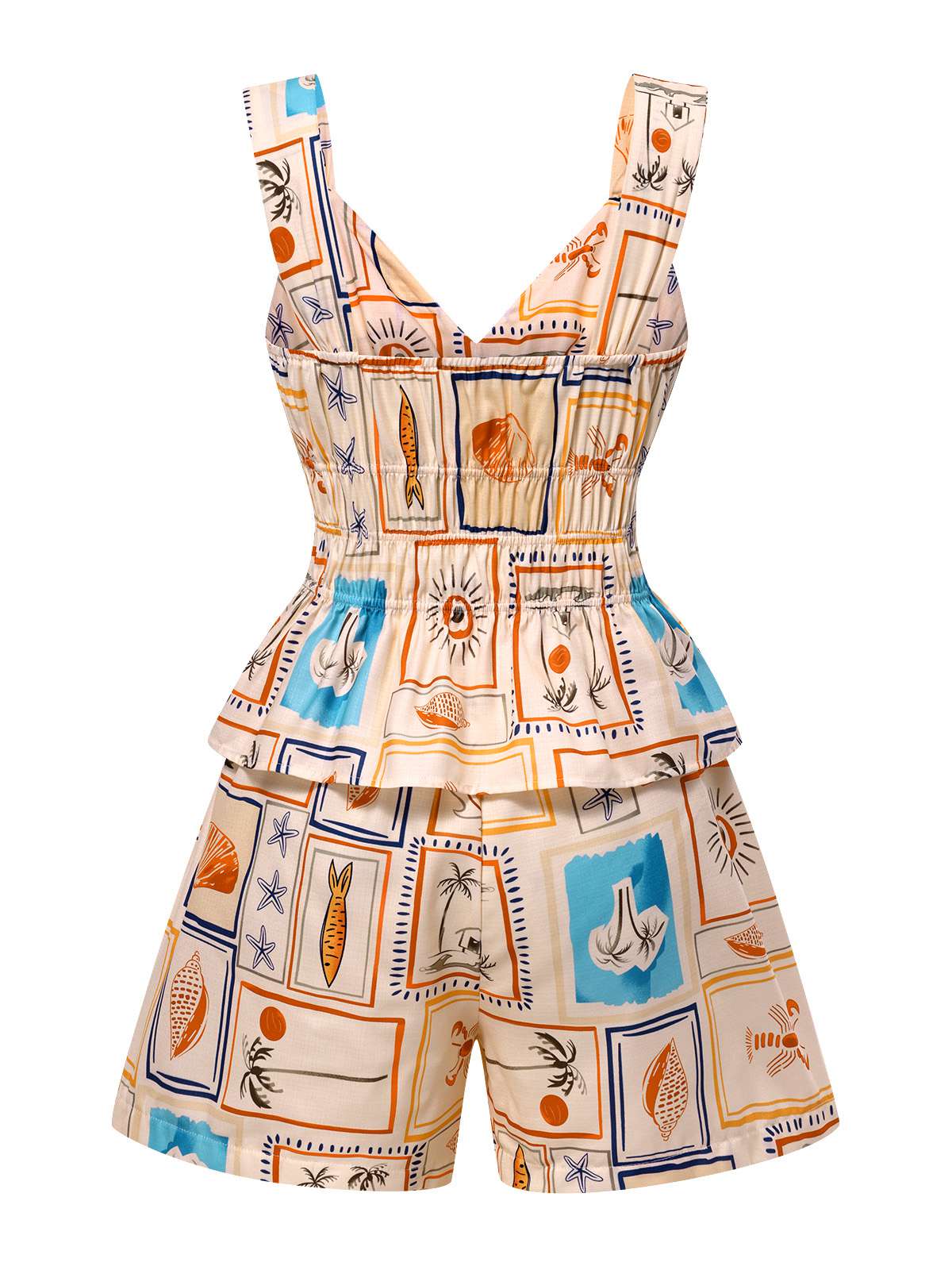 2PCS Multicolor 1940s Marine Life Prints Top & Shorts - Image 2