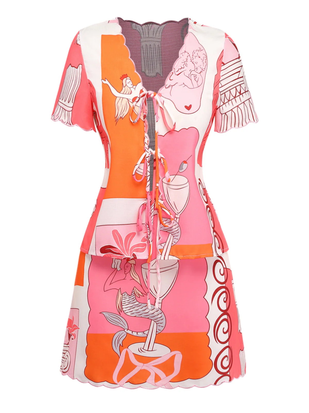 2PCS Multicolor 1940s Mermaid Print Tie-Up Top & Skirt - Image 2