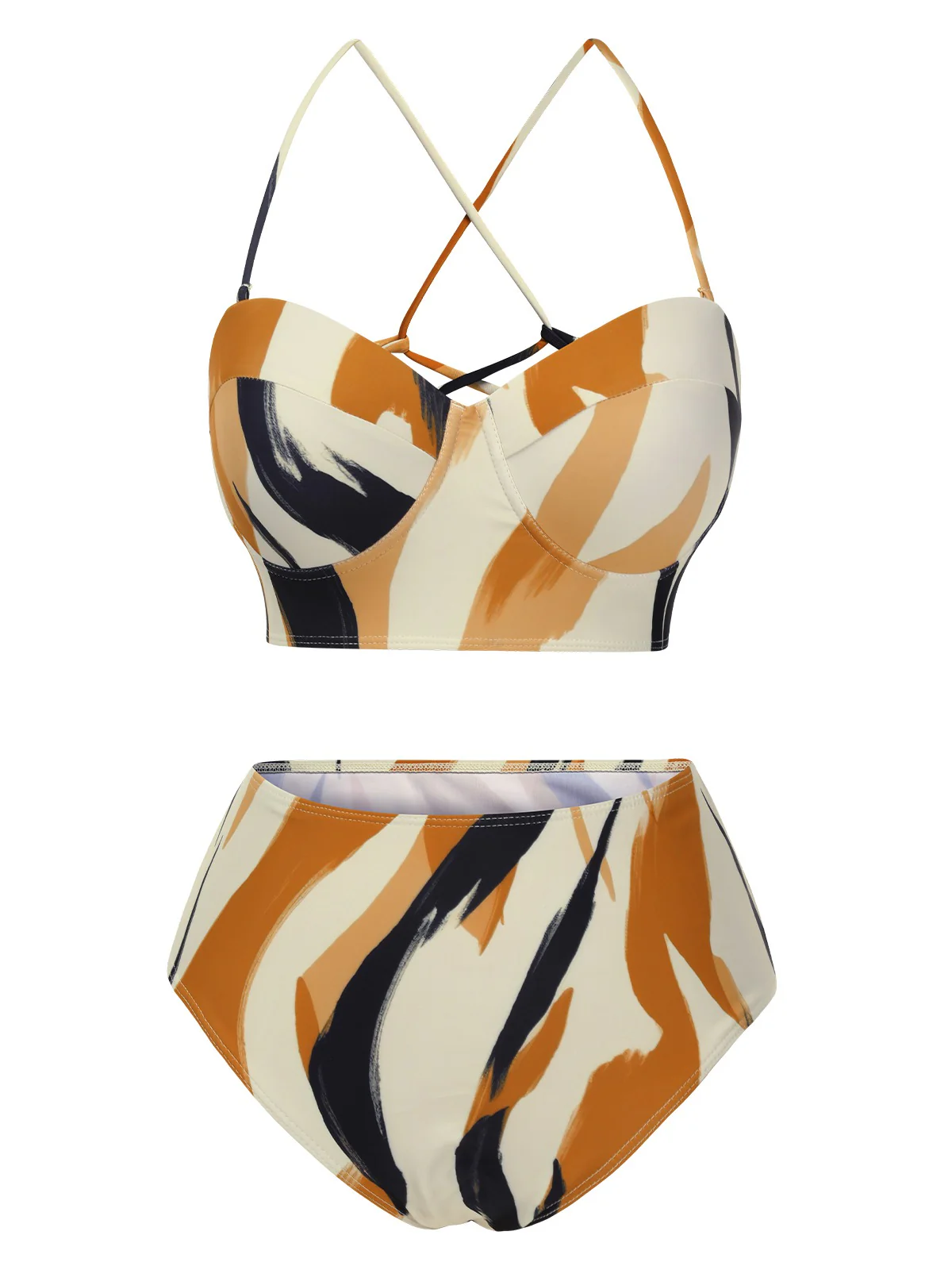 2PCS Multicolor 1960s Artistic Brush Straps Lace-Up Swimsuit & Cover-Up - Image 3