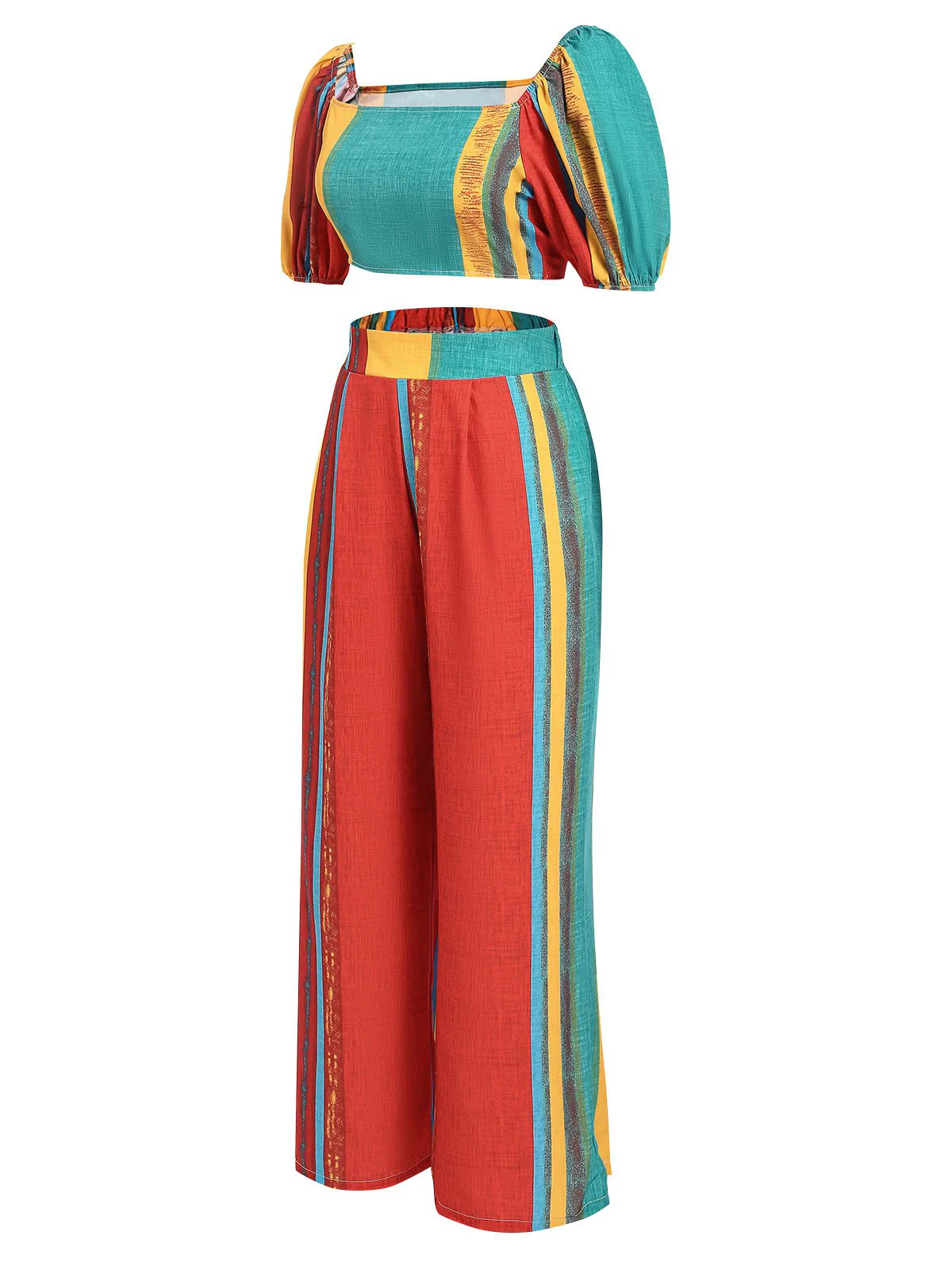 2PCS Multicolor 1970s Puff Sleeves Striped Top & Pants - Image 2