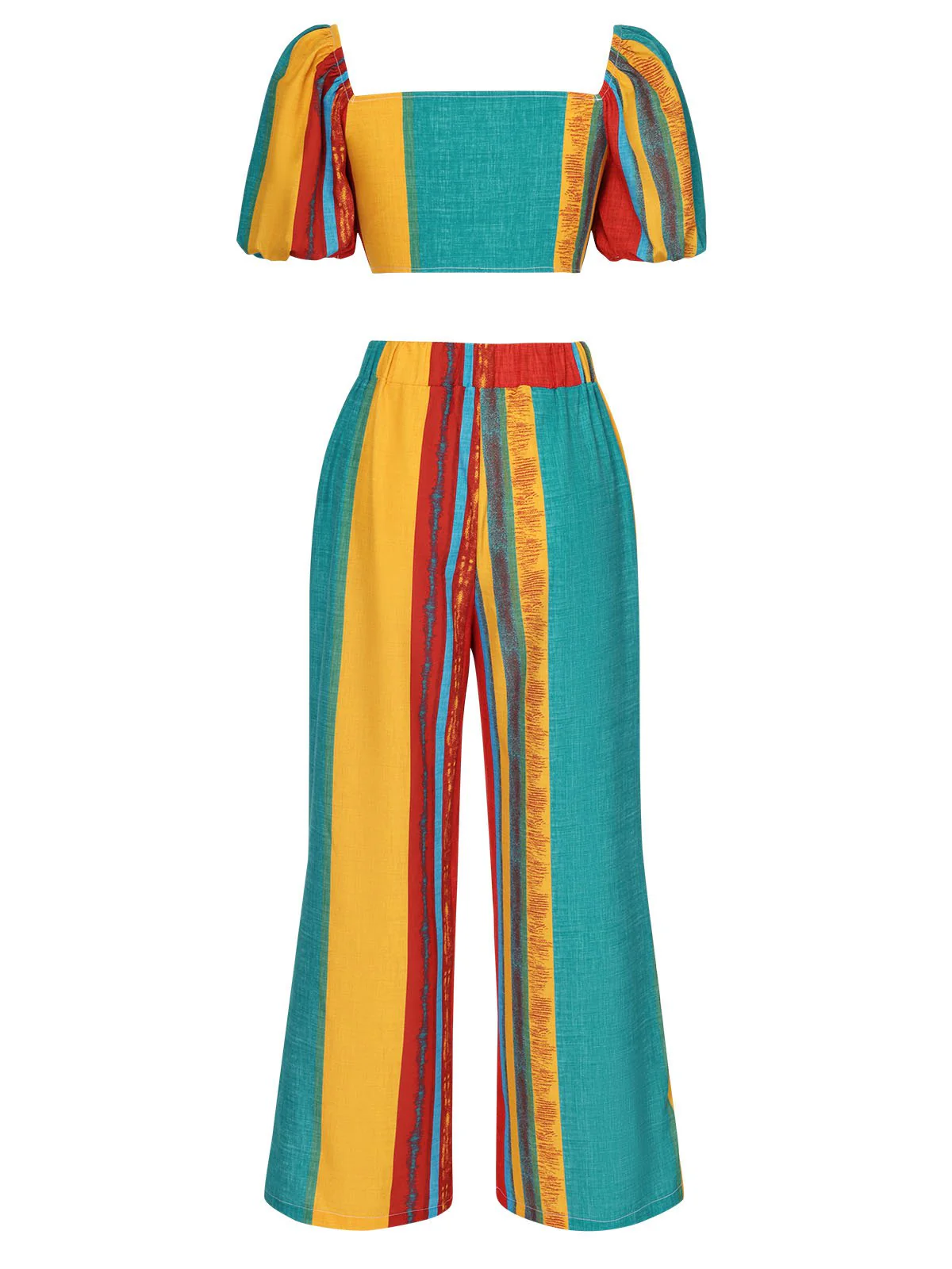 2PCS Multicolor 1970s Puff Sleeves Striped Top & Pants - Image 3