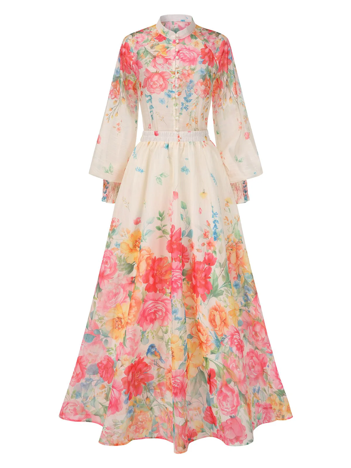 2PCS Multicolor 1970s Mandarin Collar Floral Blouse & Skirt - Image 2