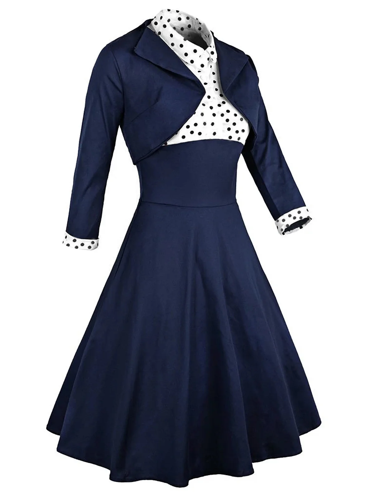 2PCS Navy 1950s Polka Dot Swing Dress - Image 3
