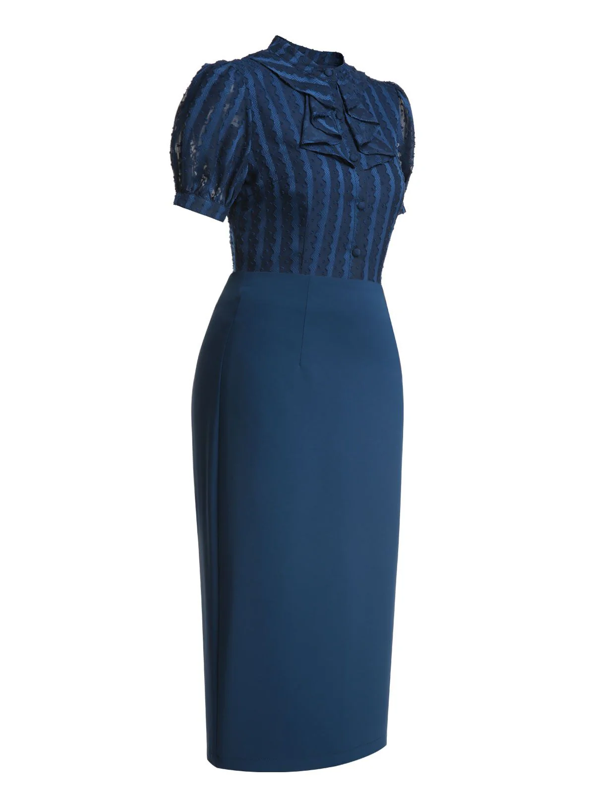 2PCS Navy Blue 1960s Stand Collar Shirt & Solid Wrap Skirts - Image 3