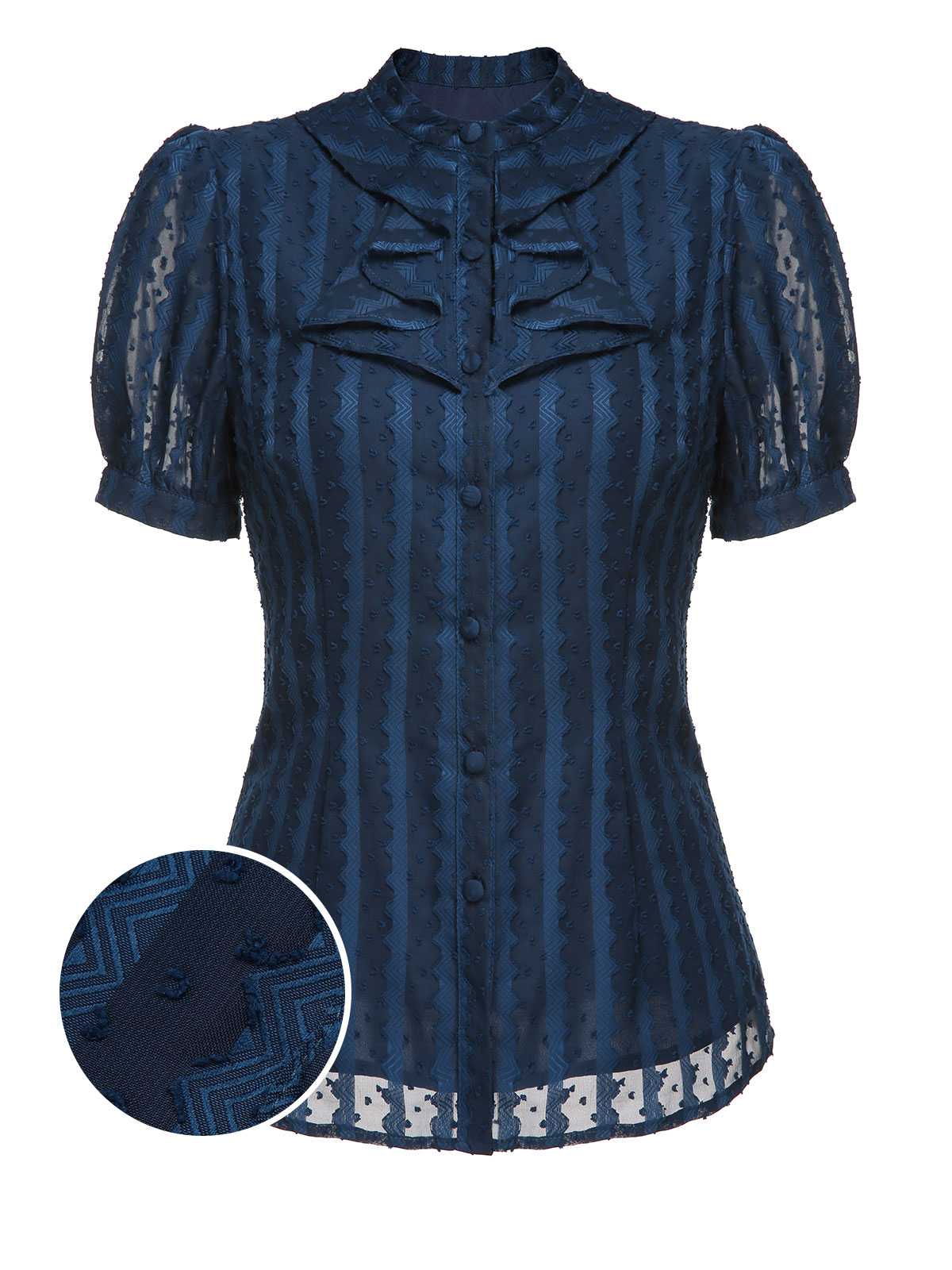2PCS Navy Blue 1960s Stand Collar Shirt & Solid Wrap Skirts - Image 5