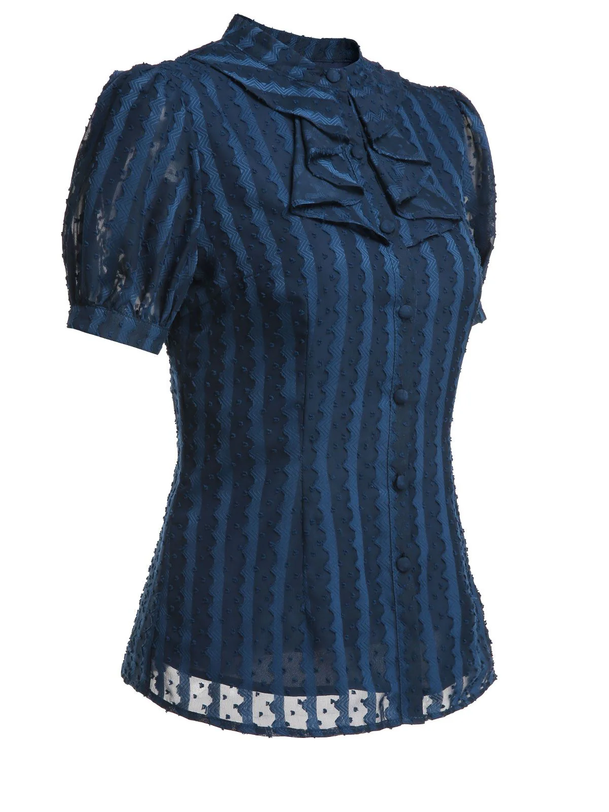 2PCS Navy Blue 1960s Stand Collar Shirt & Solid Wrap Skirts - Image 7