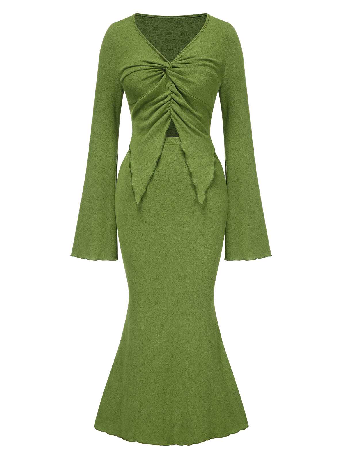 2PCS Olive Green 1930s V-Neck Top & Mermaid Skirt - Image 2