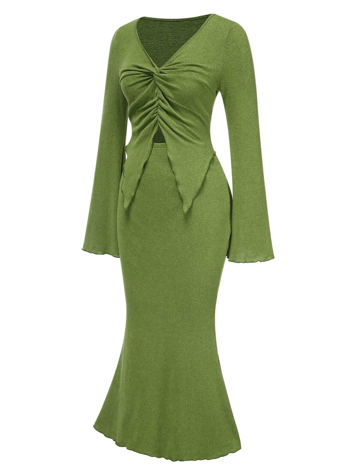 2PCS Olive Green 1930s V-Neck Top & Mermaid Skirt - Image 3