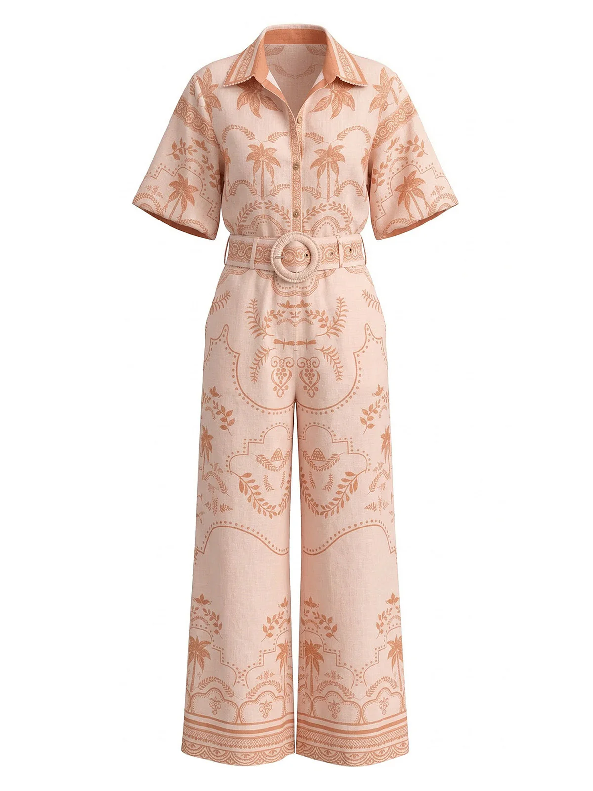 2PCS Orange 1930s Tropical Blouse & Belted Pants - Image 2
