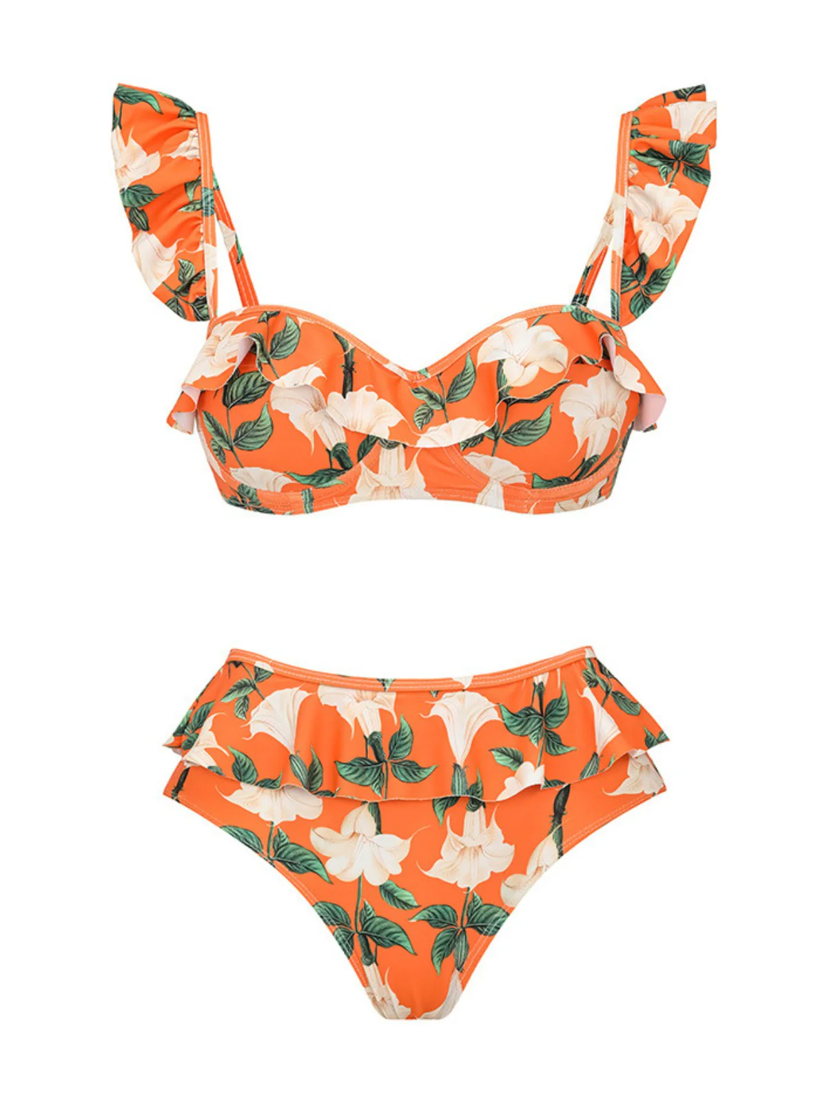 2PCS Orange 1940s Ruffle Floral Bikini Set & Cover Up - Image 2