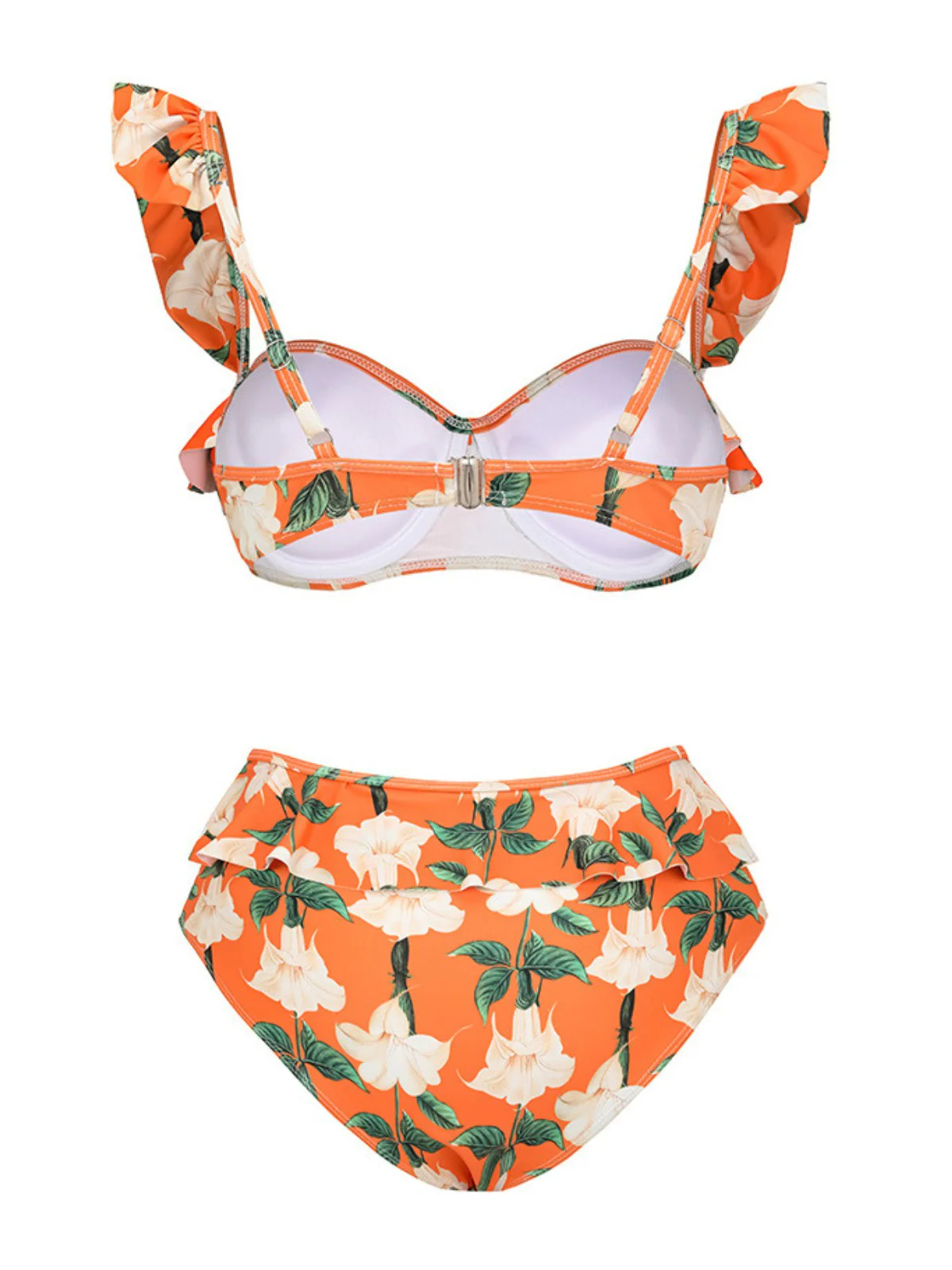 2PCS Orange 1940s Ruffle Floral Bikini Set & Cover Up - Image 3