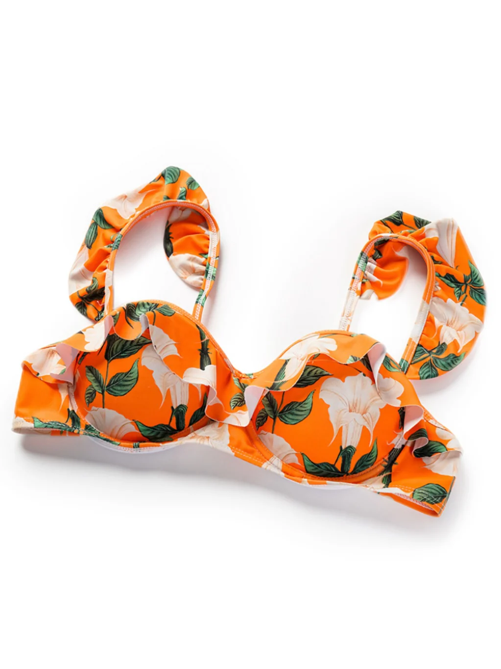 2PCS Orange 1940s Ruffle Floral Bikini Set & Cover Up - Image 4