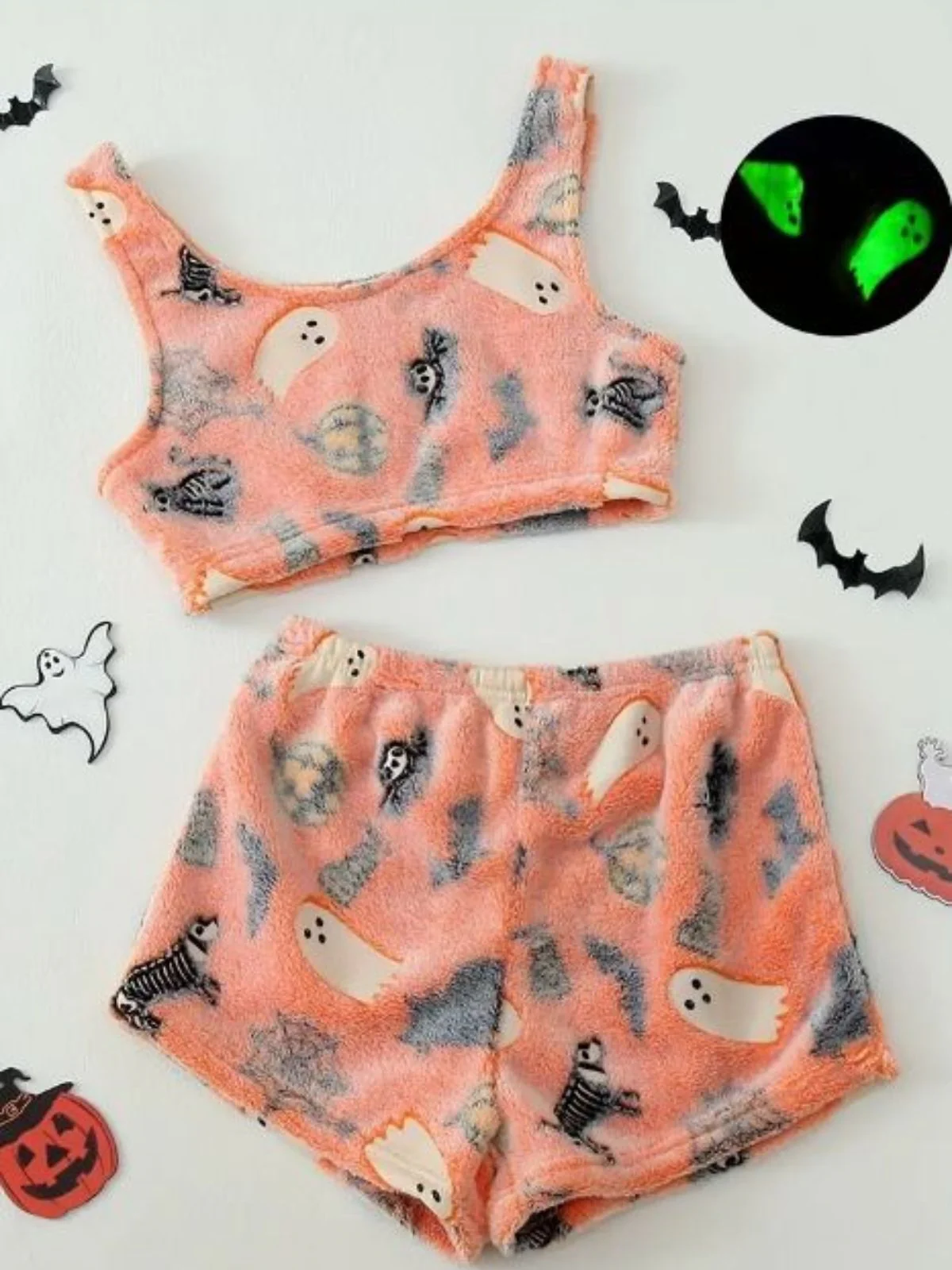 2PCS Orange 1970s Glowing Halloween Ghost Flannel Pajama Set - Image 2