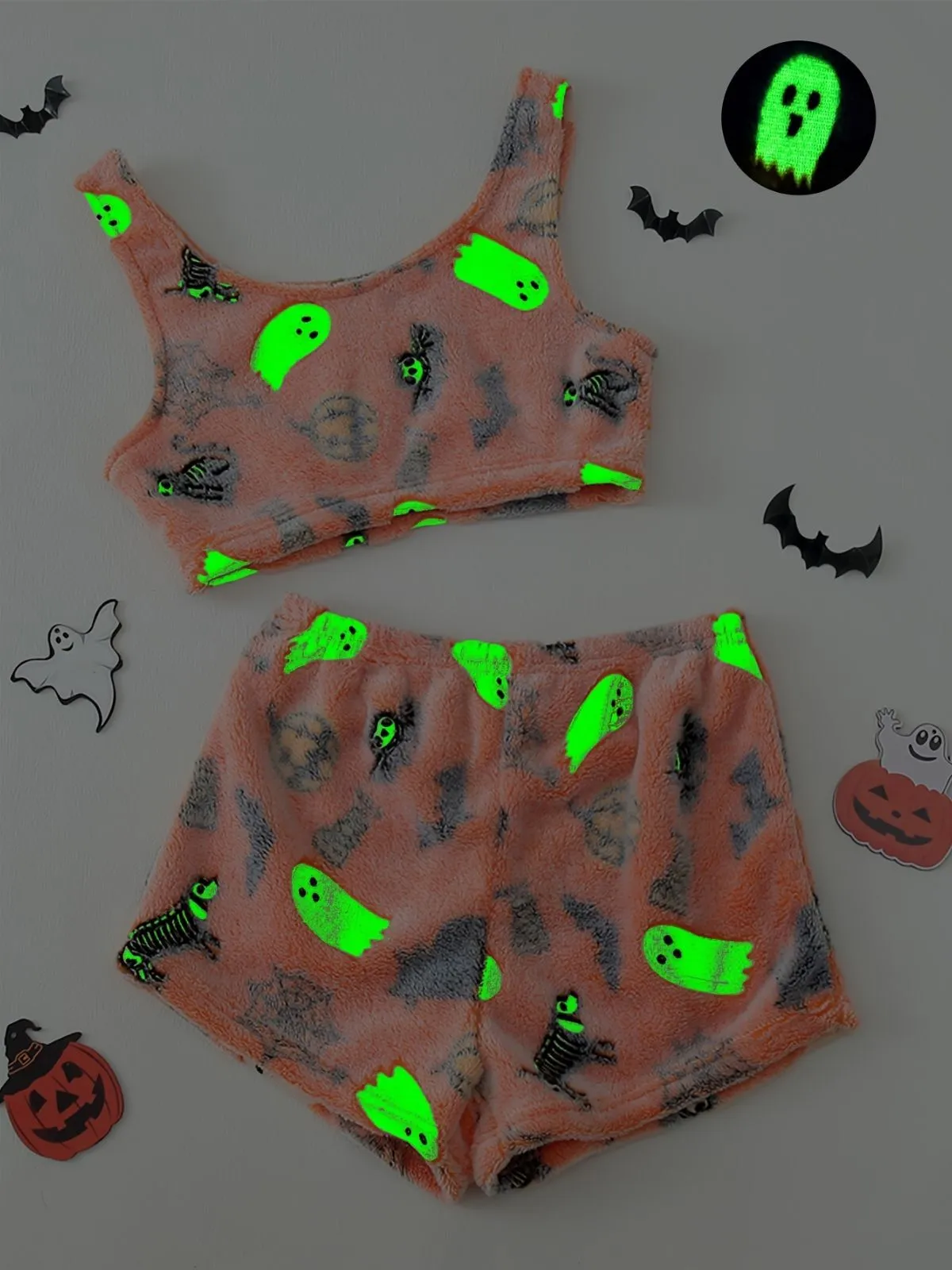 2PCS Orange 1970s Glowing Halloween Ghost Flannel Pajama Set - Image 3