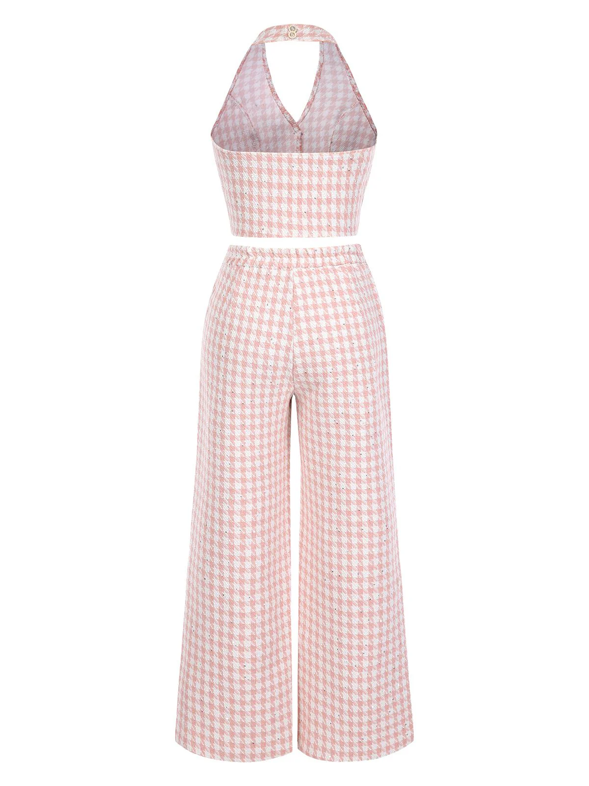 2PCS Pink 1930s Houndstooth Halter Crop Top & Pants - Image 2