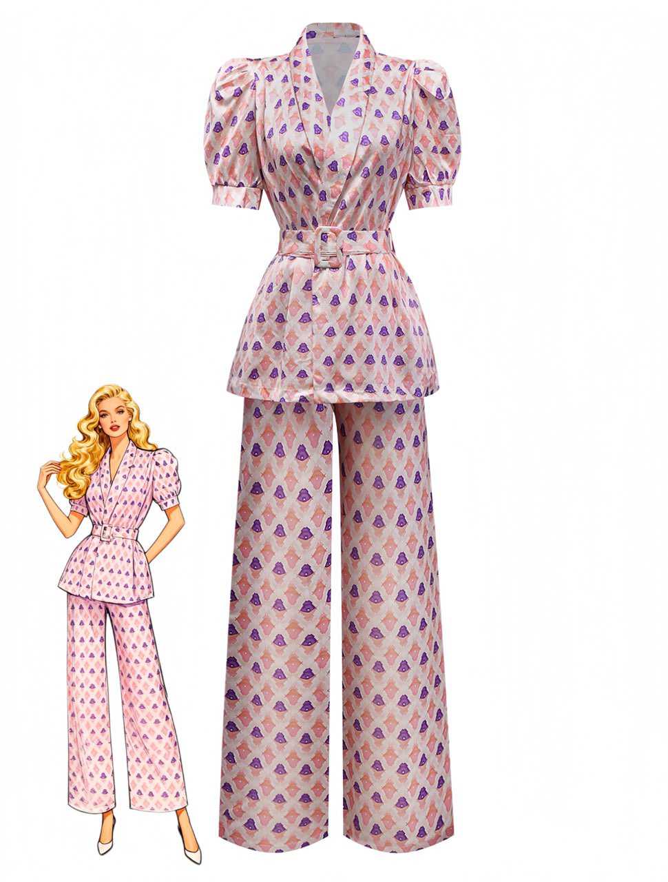 2PCS Pink 1930s Printed Puff Sleeve Belted Blazer & Pants
