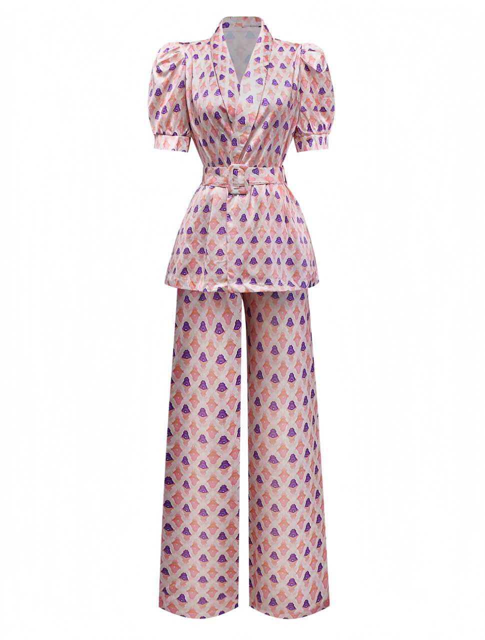 2PCS Pink 1930s Printed Puff Sleeve Belted Blazer & Pants - Image 2