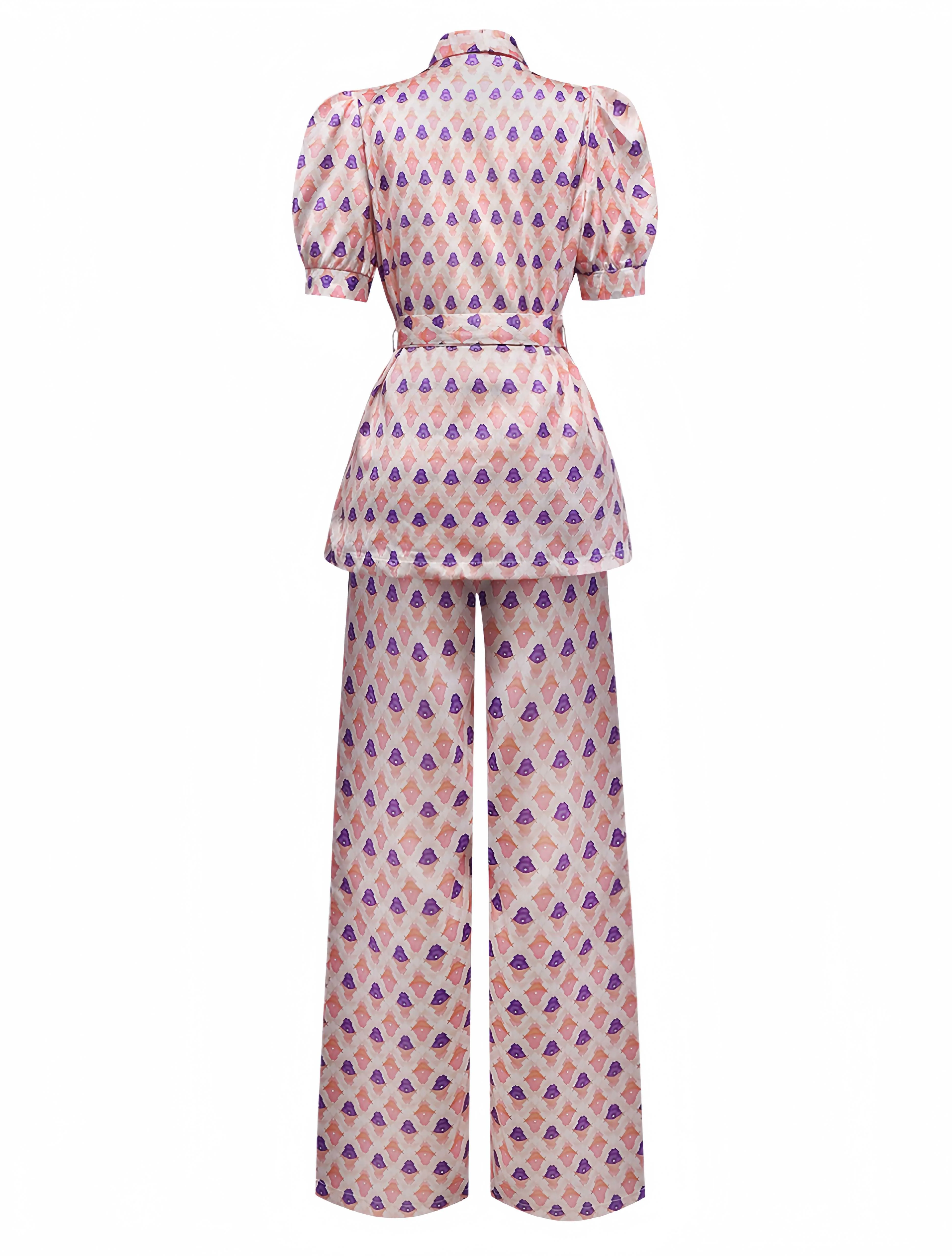 2PCS Pink 1930s Printed Puff Sleeve Belted Blazer & Pants - Image 3
