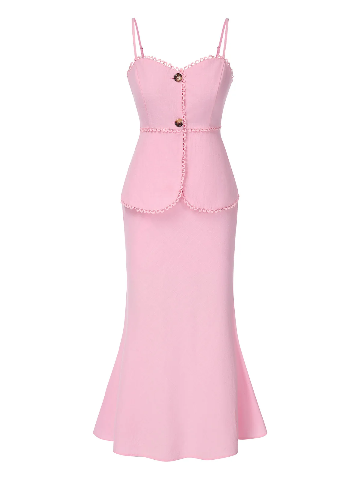 2PCS Pink 1930s Solid Cotton Spaghetti Strap Camisole & Fishtail Skirt - Image 2